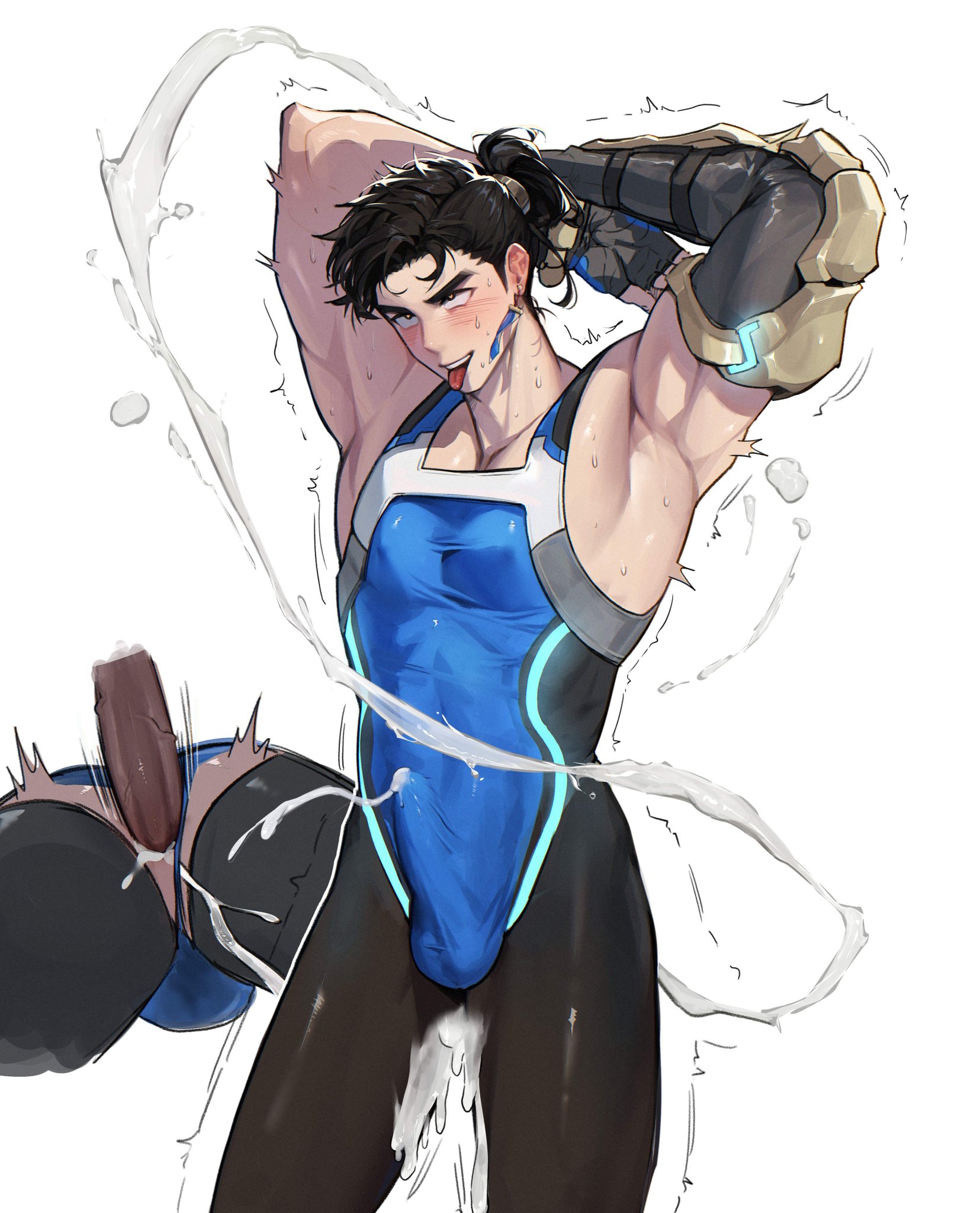 anal, anal sex, armpits, arms up, balls, blush, clothed, clothing, cum, cum in ass, cum inside, cum through clothes, cum through clothing, erect penis, erection, erection under clothes, excessive cum, eyes rolling back, fully clothed, gay, henen illust, looking pleasured, male, male focus, male only, muscular, muscular male, nipples, nipples visible through clothing, overwatch, overwatch 2, penetration, penis, penis in ass, penis outline, standing, sweat, sweatdrop, sweating, tongue, tongue out, veiny penis, wuyang, yaoi