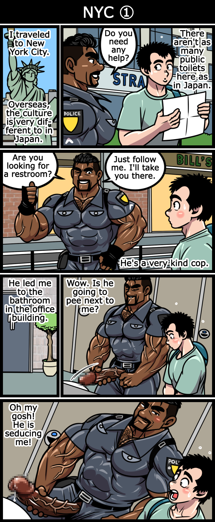 2boys, abs, american, asian, bara, big dom small sub, big penis, daddy, daddy kink, dark skin, dark-skinned male, dilf, erect penis, erection, gasheckman, gay, gay domination, gay sex, height difference, huge cock, imminent oral, imminent penetration, imminent sex, interracial, inviting, inviting to sex, japanese, large penis, light skin, light-skinned male, male, male only, male/male, muscular, muscular male, new york, new york city, nude, nude male, nyc, outdoors, outside, pecs, penis, police, police hat, police officer, police uniform, precum, precum drip, restroom, seductive, seductive look, seductive smile, size difference, thick penis, toilet, uniform, united states of america, urinal, veiny penis, yaoi