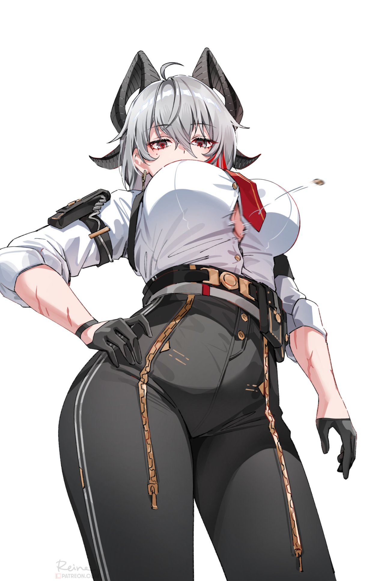 1girls, 2025, big breasts, breasts, button gap, button pop, female, foxyreine, high-waist pants, horns, huge breasts, looking at viewer, low-angle view, necktie, pants, popped button, scars, solo, solo female, tagme, thighs, tight clothing, tight pants, white hair, wuthering waves, zani (wuthering waves)
