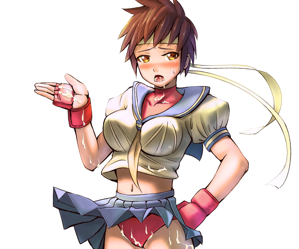 brown_eyes brown_hair buruma capcom cum cum_in_mouth cum_on_body cum_on_clothes cum_on_upper_body female female_only fingerless_gloves gloves hand_on_hip headband hips human jishimaru midriff navel panties sakura_kasugano school_uniform serafuku short_hair skirt solo sports_bra street_fighter sweat underwear white_background wind_lift