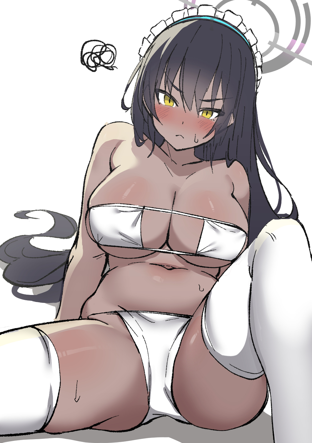 bikini, black hair, blue archive, blush, breasts, cleavage, closed mouth, commentary request, dark skin, dark-skinned female, eyepatch bikini, female, hair between eyes, halo, highres, isemori, karin (blue archive), large breasts, long hair, looking at viewer, maid headdress, simple background, sitting, sketch, solo, spread legs, squiggle, swimsuit, thighhighs, very long hair, white background, white bikini, white thighhighs, yellow eyes
