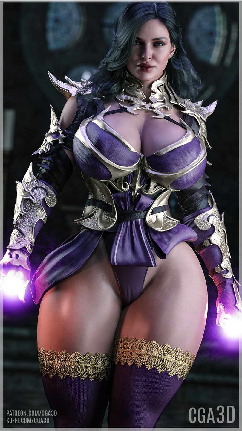 3d, 3d (artwork), abs, ass, athletic, athletic female, belt, big ass, big breasts, big butt, big thighs, black hair, breasts, brown eyes, brown hair, bubble butt, busty, cameltoe, cd projekt red, cga3d, cosplay, crossover, crossover cosplay, curvy, curvy female, erotichris, female, fit, fit female, front view, fusion, fusion character, gun holster, holster, hourglass figure, huge breasts, huge thighs, hyper thighs, large thighs, light-skinned female, looking at viewer, magic, mascara, mortal kombat, mortal kombat 1 (2023), muscular, muscular thighs, necklace, pose, posing, purple eyes, sindel, sindel (cosplay), solo, solo female, the witcher (series), the witcher 3: wild hunt, thick, thick ass, thick thighs, thighs, wide hips, yennefer