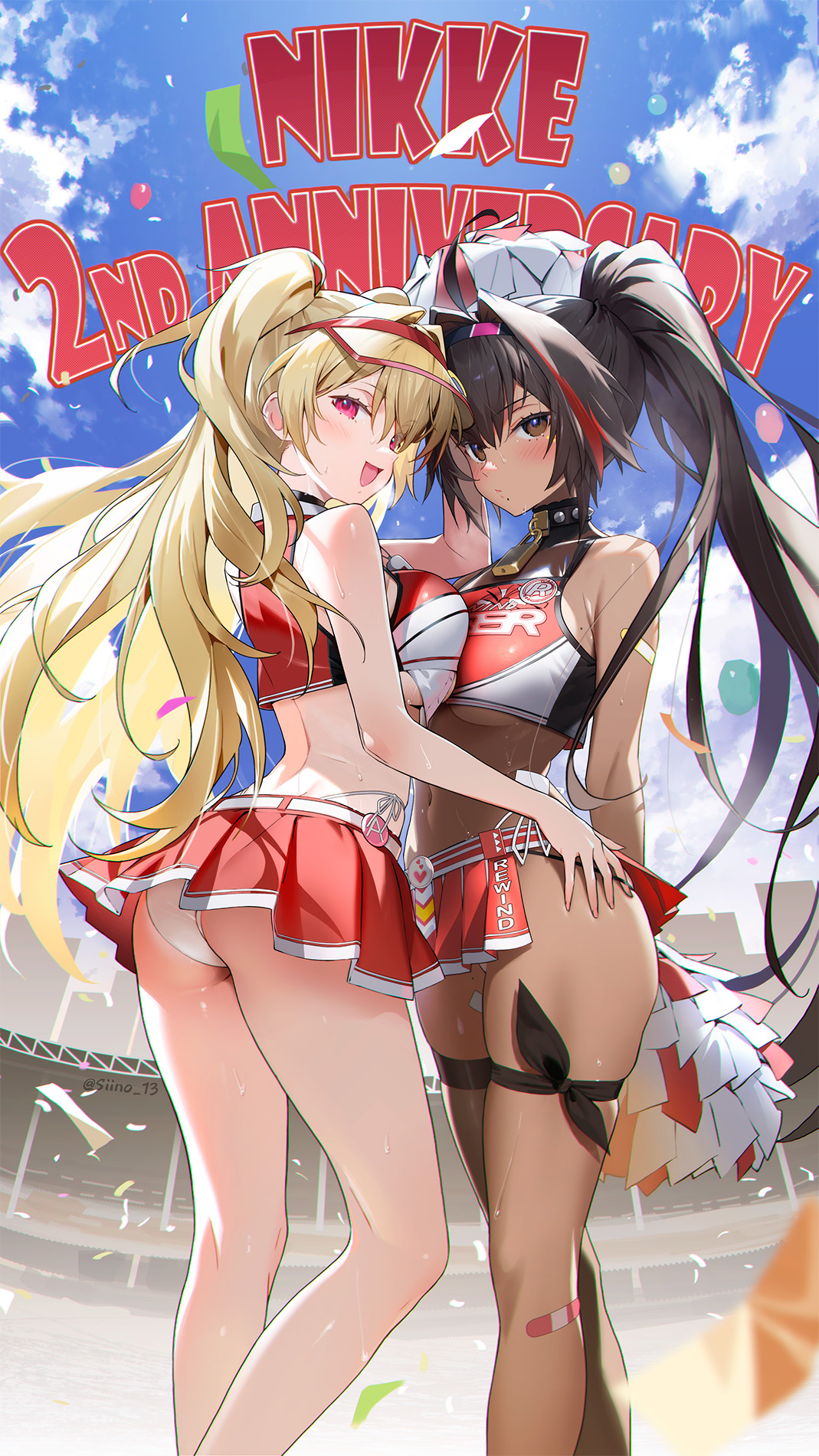 2girls, balloon, bandaid, bay (nikke), black hair, blonde hair, blush, breast press, breasts, brown eyes, cheerleader, cheerleader uniform, clay (nikke), confetti, dark skin, dark-skinned female, female, goddess of victory: nikke, light-skinned female, long hair, open smile, padlock, padlocked collar, panties, pantyshot, pink eyes, pom poms, rewind (nikke), side-tie panties, siino, spiked collar, streaked hair, text, upskirt, white panties, yuri