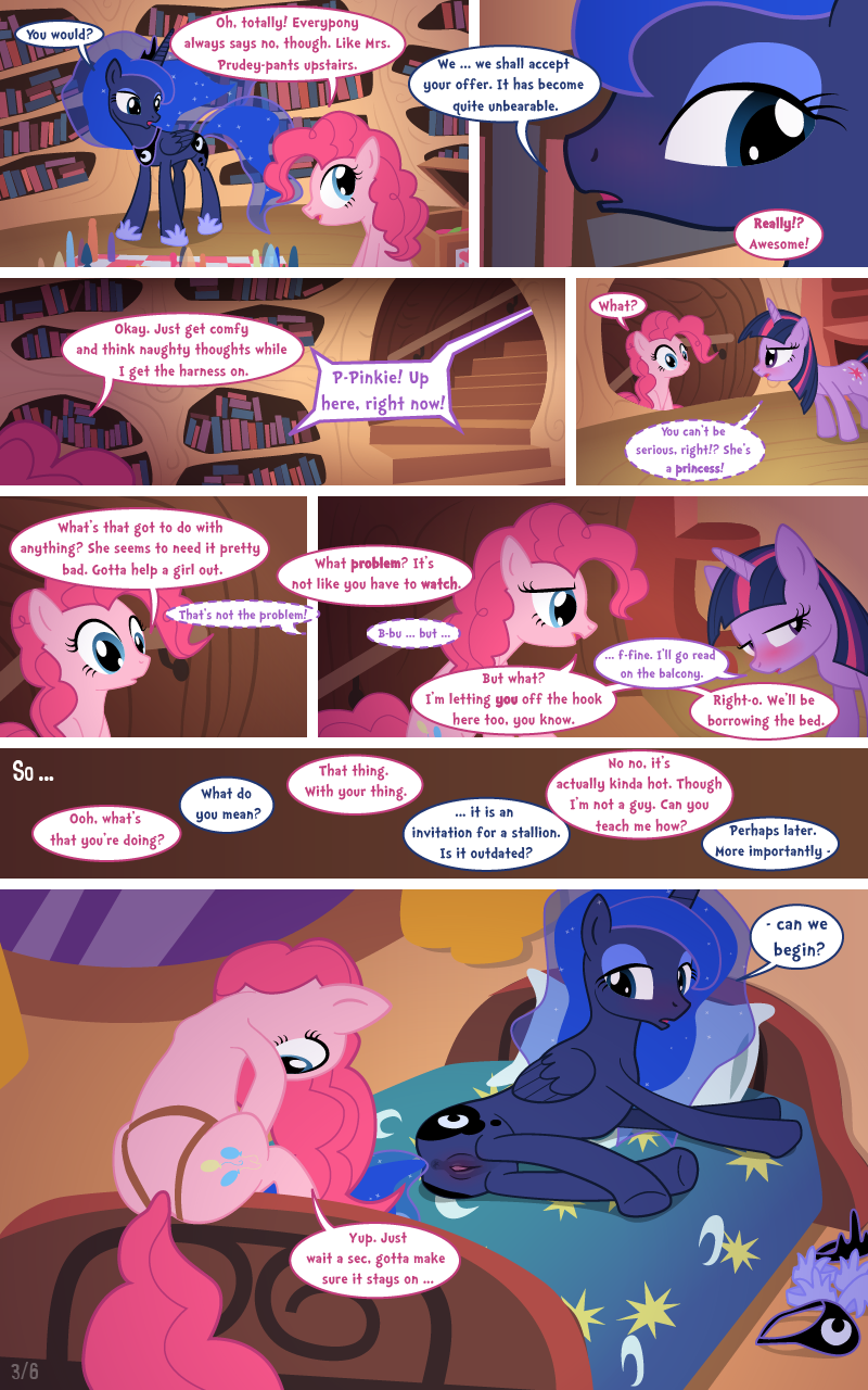 alicorn blush comic dialogue dildo english_text equine female friendship_is_magic horn horse my_little_pony page_3 pinkie_pie_(mlp) pony princess_luna_(mlp) pussy sex_toy smooth_skin strap-on syoee_b tail text twilight_sparkle_(mlp) unicorn yuri