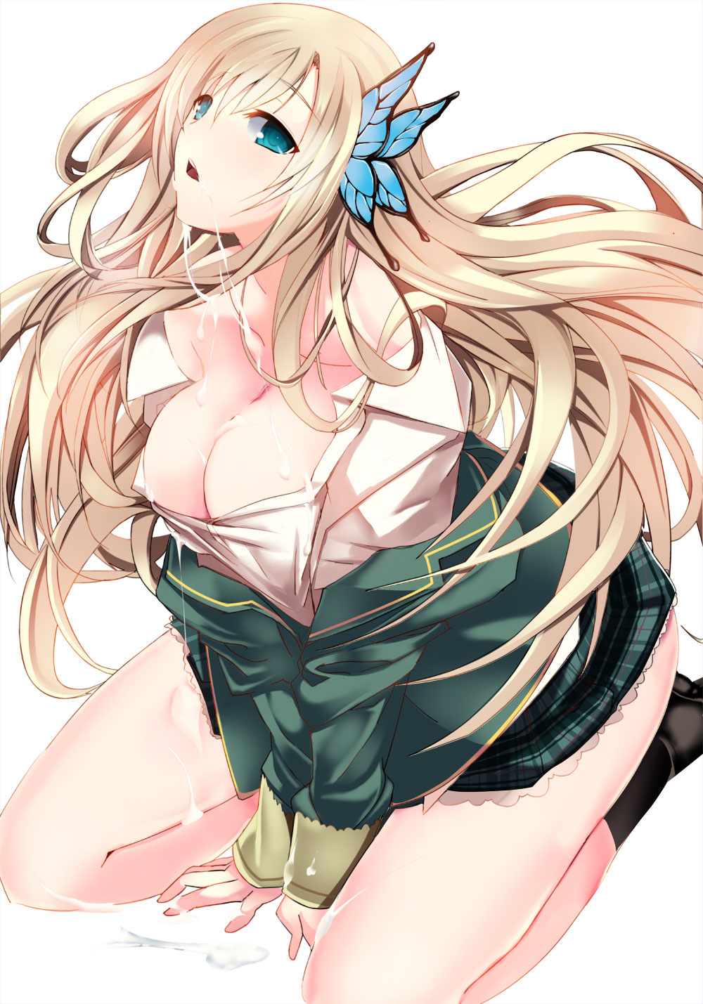 aqua_eyes blonde_hair boku_wa_tomodachi_ga_sukunai breasts butterfly_hair_ornament cleavage cum cum_on_body cum_on_upper_body female hair_ornament high_resolution human long_hair looking_at_viewer school_uniform sena_kashiwazaki skirt solo yuu_(asaiyuji)