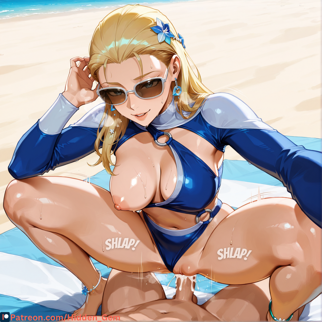 1boy, 1girls, ai assisted, ai generated, blonde hair, breasts, cowgirl pose, cowgirl position, cum, cum in pussy, cum inside, fantastic four, female, hidden gem, invisible woman, invisible woman (azure shade), invisible woman (marvel rivals), male, marvel, marvel comics, marvel rivals, mr fantastic, one breast out, patreon, patreon link, patreon logo, patreon url, patreon username, penis, pussy, reed richards, seductive look, seductive smile, sitting, sitting on penis, squatting, squatting cowgirl position, squatting on penis, sunglasses, swimsuit, text, tinted eyewear, vaginal fluids, vaginal insertion, vaginal penetration, vaginal sex, voluptuous
