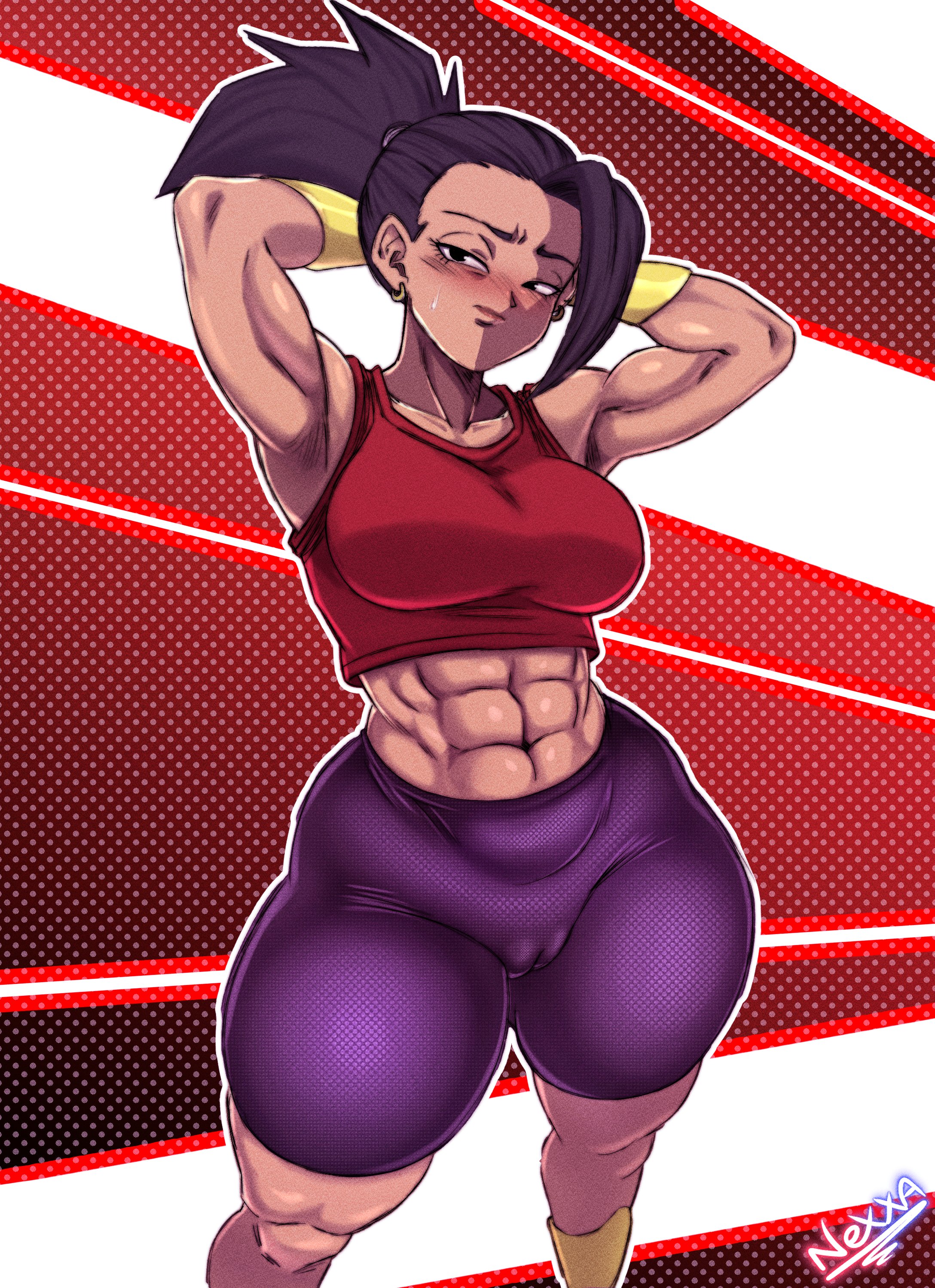 1girls, 2025, arms behind head, big breasts, black eyes, black hair, blush, breasts, cameltoe, child bearing hips, coffeenexxa, dragon ball, dragon ball super, earrings, embarrassed, embarrassed female, female, female only, horny, horny female, kale, l, looking at viewer, muscular, muscular female, nexxa, ponytail, thick thighs, thunder thighs