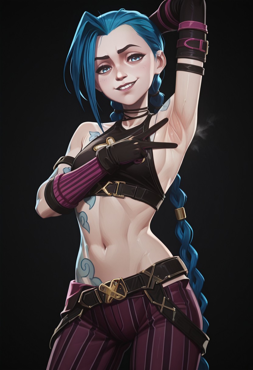 1girls, abdomen, ai generated, arcane, arcane jinx, arm up, armpit fetish, armpits, blue eyes, blue hair, breasts, clothed, female, femdom, jinx (arcane), jinx (league of legends), league of legends, looking at viewer, peace sign, small breasts, smelly armpits, smile, sweat, tattoo