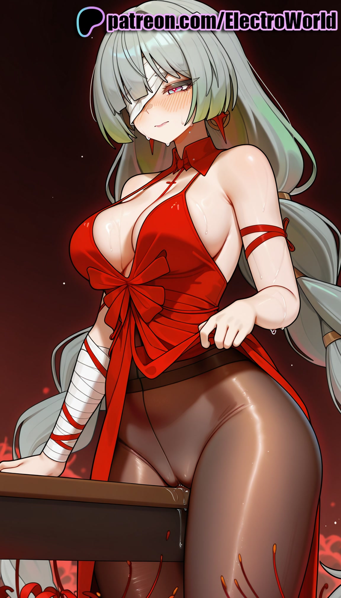1girls, 2025, ai generated, arm wrap, artist name, bandage over one eye, bandaged arm, bandaged hand, bandaged head, bandaged leg, bandaged neck, bandages, blush, breasts, budget sarashi, bust, cast, chest, clothed masturbation, corner masturbation, crotch rub, electroworld, eyepatch, female, green hair, hi res, high quality, high resolution, highres, humping, long hair, low-tied long hair, masturbation, masturbation through clothing, multiple hair ties, mummy costume, naked bandage, pantyhose, patreon, patreon username, phrolova (wuthering waves), pussy, pussy juice, ribbon, sarashi, solo, stable diffusion, sweat, symbol-shaped pupils, table humping, thighband pantyhose, very long hair, watermark, wuthering waves