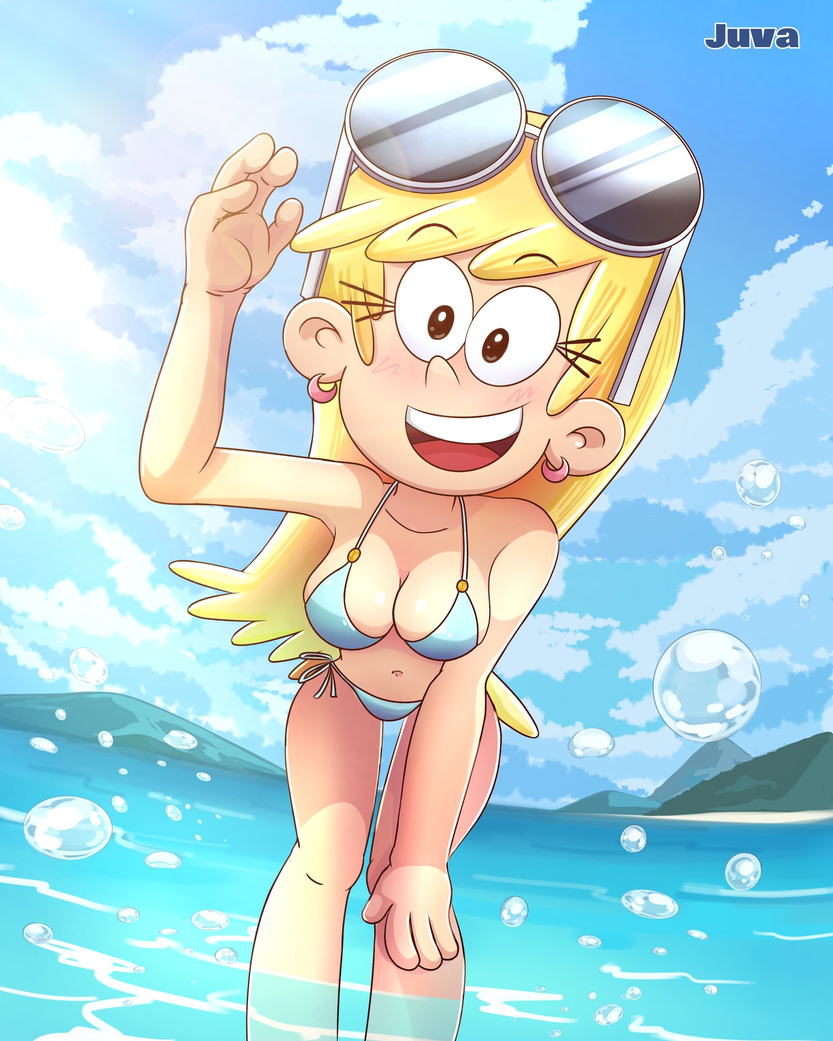 2024, beach, blonde female, blonde hair, breasts, bubble, earrings, female, juva kurosaki, large breasts, leni loud, ocean, smiling, smiling at viewer, sunglasses, sunglasses on head, sunlight, swimsuit, swimwear, the loud house