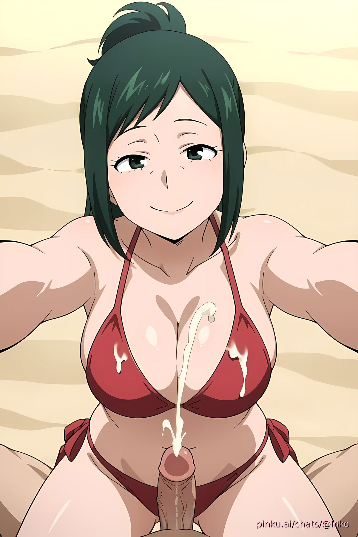 ai generated, beach, bikini, boku no hero academia, cum, cum on bikini, ejaculation, happy, inko midoriya, looking at viewer, male, my hero academia, outstretched arms, peace sign, penis, pinku.ai, red side-tie bikini, sexy, side-tie bikini, smile, straddling