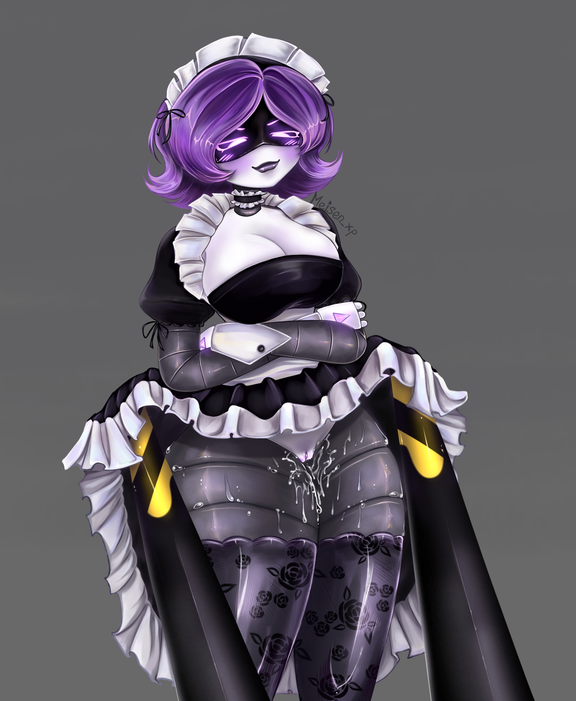 2girls, boobs bigger than head, breasts, crossed arms, dress lift, dripping, dripping pussy, dripping wet, female, female only, female/female, glitch productions, legs apart, legs up, maid, maid dress, maid uniform, meisen xp, murder drone, murder drones, purple eyes, purple hair, pussy, pussy juice, pussy juice drip, robot, serial designation v, uzi (murder drones), uzi doorman, v (murder drones), worker drone, yuri