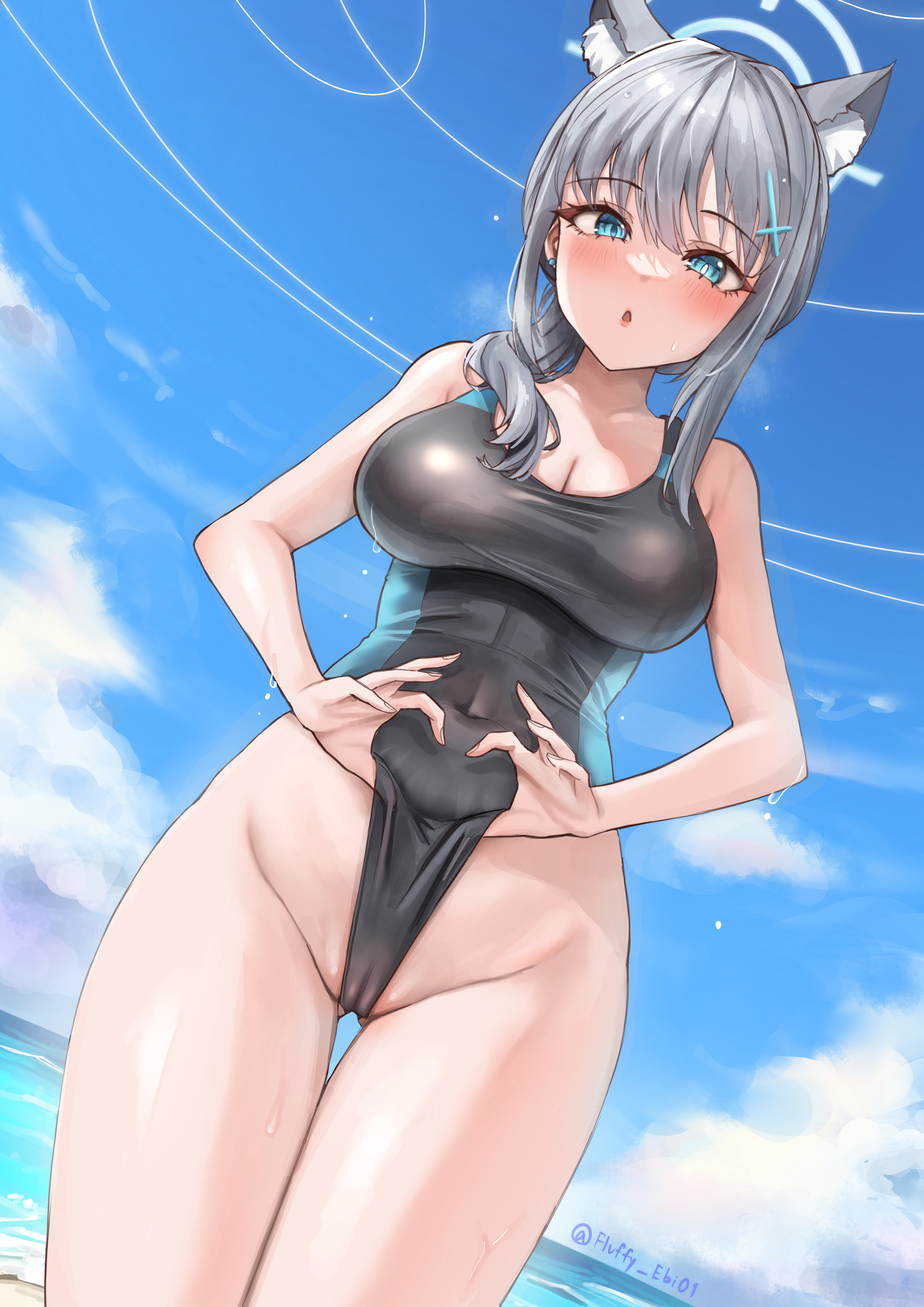 absurdres, adjusting clothes, adjusting swimsuit, animal ear fluff, animal ears, beach, black one-piece swimsuit, blue archive, blue halo, blush, cameltoe, clothes pull, competition swimsuit, covered navel, cross, cross hair ornament, female, fluffyebi01, frontal wedgie, hair ornament, halo, heart, heart hands, highleg, highleg one-piece swimsuit, highres, inverted cross, looking at viewer, mismatched pupils, multicolored clothes, official alternate costume, one-piece swimsuit, one-piece swimsuit pull, outdoors, partially visible vulva, pussy, pussy wedgie, self wedgie, shiroko (blue archive), shiroko (swimsuit) (blue archive), solo, swimsuit, two-tone swimsuit, wedgie, wet, wolf ears