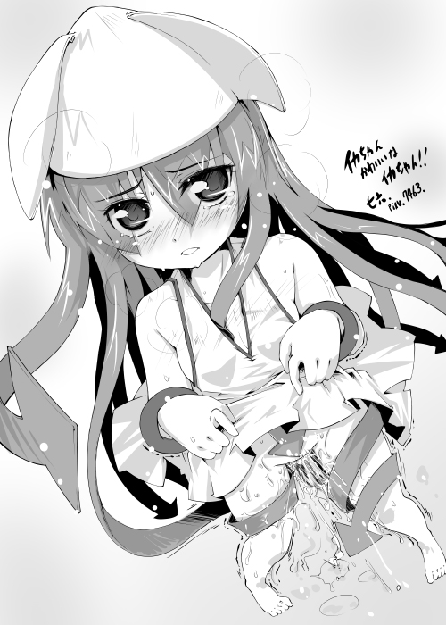 bad_perspective dress dress_lift female_ejaculation hat ikamusume long_hair masturbation monochrome nanaroku_(fortress76) no_panties pussy_juice shinryaku!_ikamusume solo tentacle tentacle_hair