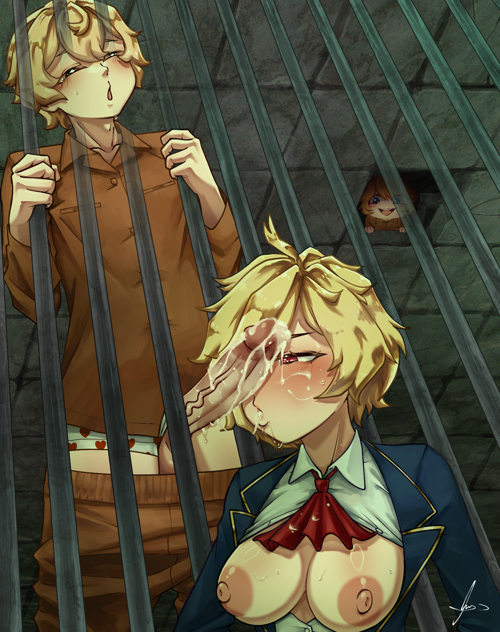 background, blonde female, blonde hair, blush, breasts, cum drip, cum in mouth, cum on face, dick on face, elite royal guard captain valencia (guardian tales), female, guardian tales, little princess (guardian tales), male, male knight (guardian tales), nipples, penis, pleasure face, prison cell, red eyes, saliva trail, selehyme (artist), short hair, valencia (guardian tales), vampire, vampire girl, veiny penis, voyeurism