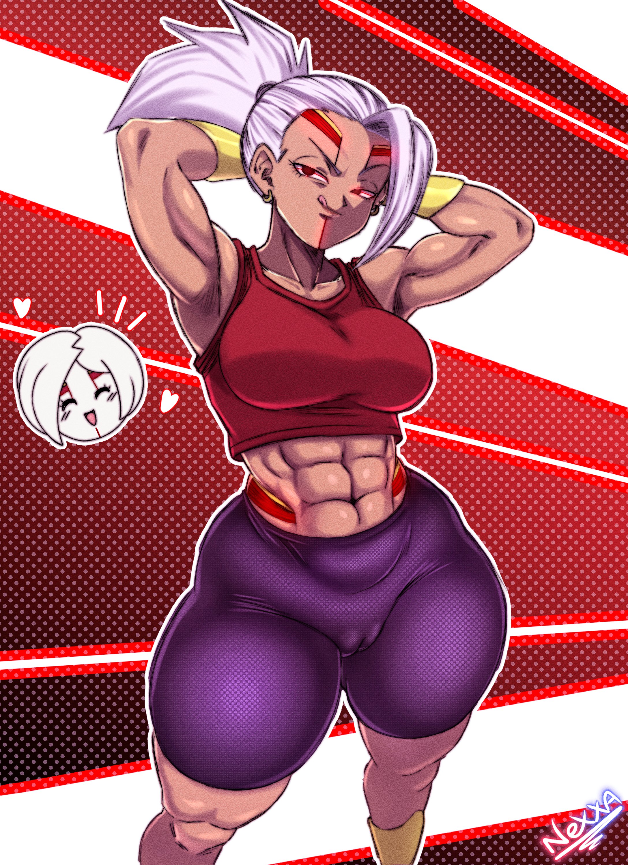 1girls, 2025, alien, alien girl, arms behind head, big breasts, breasts, cameltoe, child bearing hips, coffeenexxa, dragon ball, dragon ball heroes, dragon ball super, earrings, female, female only, horny, horny female, kale, kamin, looking at viewer, muscular, muscular female, nexxa, ponytail, possessed, possession, red eyes, solo, solo female, solo focus, super dragon ball heroes, tanned, tanned body, tanned female, thick thighs, thunder thighs, tongue, tongue out, tuffle, tuffleization, white hair