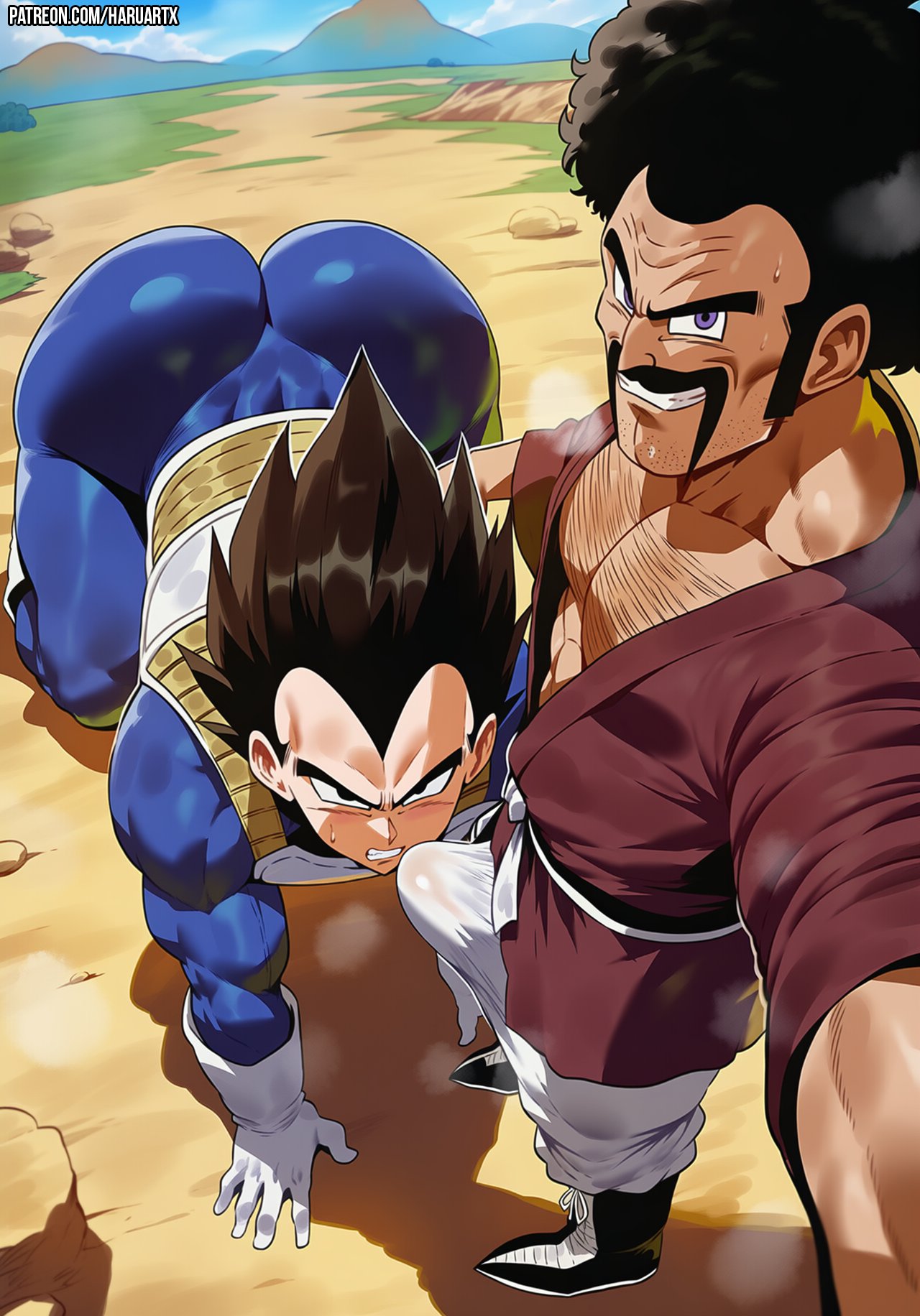 ai generated, dragon ball super, femboy, femboy dilf, gay, gay ass, gay sex, haruartx, male, male ass, mr. satan, muscular, muscular male, vegeta, yaoi
