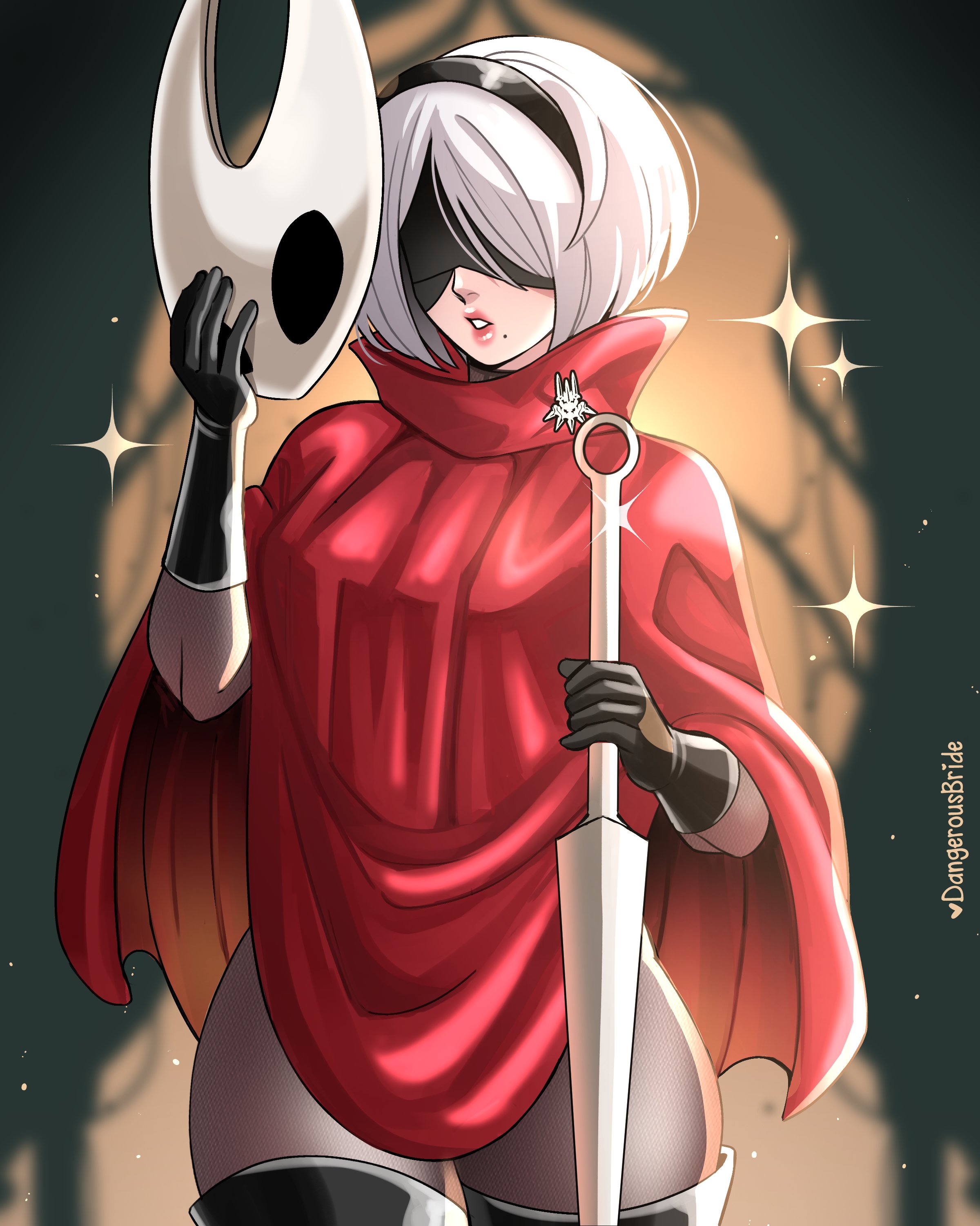 1girls, 2025, 2d, 2d (artwork), android, artist name, blindfold, cape, cloak, cosplay, crossover, crossover cosplay, dangerousbride, female, female only, female protagonist, hairband, hollow knight, hollow knight: silksong, hornet (hollow knight) (cosplay), mask, mole, mole under mouth, nier: automata, pink lips, sfw, short hair, solo, solo female, sparkles, thighhighs, very high resolution, weapon, white hair, yorha 2b