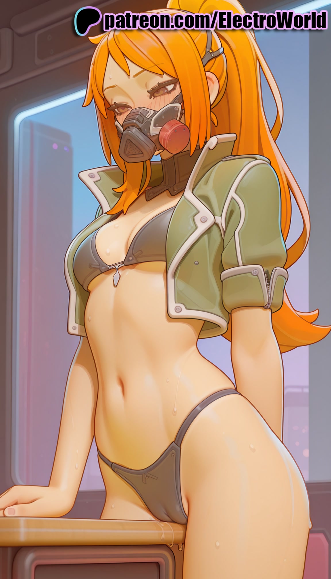 1girls, 2025, ai generated, artist name, breasts, bust, chest, code vein, corner masturbation, crotch rub, electroworld, female, hi res, high quality, high resolution, highres, humping, long hair, masturbation, masturbation through clothing, monitor, navel, orange hair, patreon, patreon username, ponytail, pussy, pussy juice, rin murasame, solo, stable diffusion, table, table humping, underwear, watermark