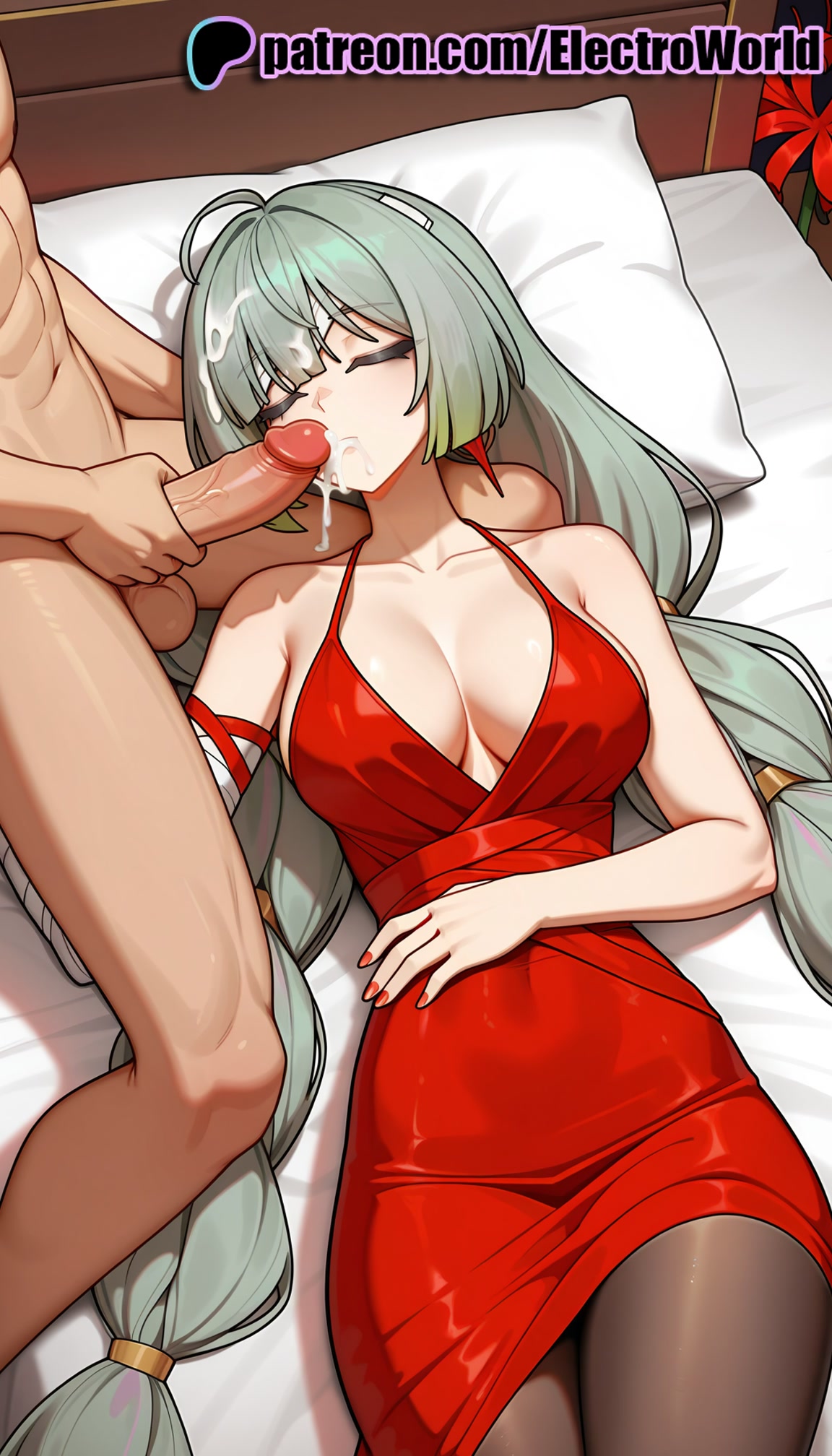 1boy, 1girls, 2025, ai generated, artist name, balls, bed, bed sheet, big breasts, big chest, breasts, bust, busty, chest, cock, collarbone, cum, cum in mouth, cum on body, cum on hair, dick, dress, ejaculation, electroworld, facial, female, flower, green hair, hi res, high quality, high resolution, highres, large breasts, laying down, long hair, low-tied long hair, lying, lying on back, male, nude, on back, on bed, oral, pantyhose, patreon, patreon username, penis, phrolova (wuthering waves), pillow, red dress, sleep molestation, sleeping, stable diffusion, straight, testicles, uncensored, very long hair, watermark, wuthering waves