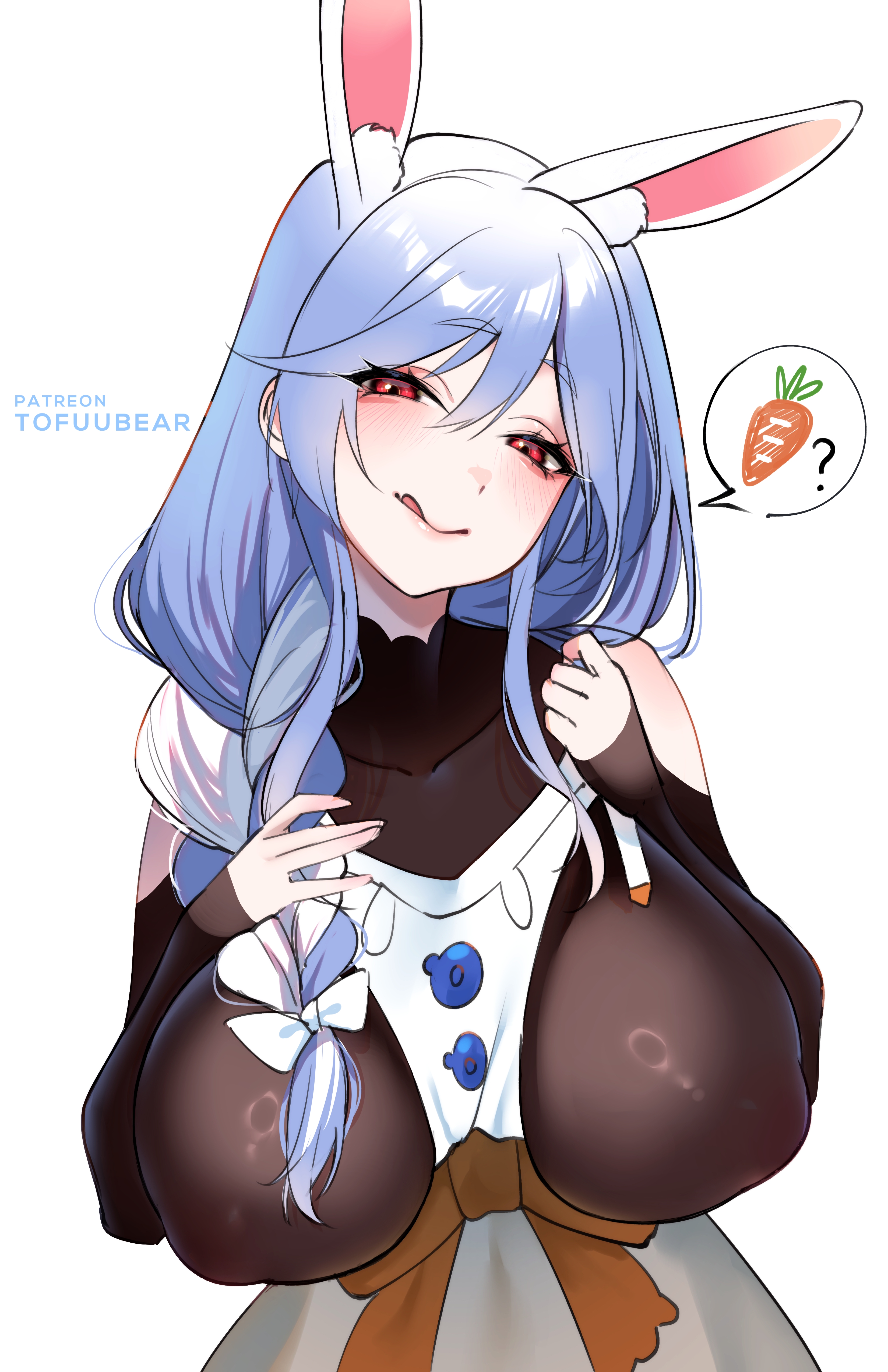 absurdres, animal ear fluff, animal ears, black bodysuit, blue hair, blush, bodysuit, bodysuit under clothes, braid, breasts, carrot, female, female only, highres, hololive, large breasts, licking lips, long hair, looking at viewer, mature female, multicolored hair, pekomama, rabbit ears, rabbit girl, red eyes, short eyebrows, skin tight, smile, thick eyebrows, tofuubear, tongue, tongue out, virtual youtuber, white hair