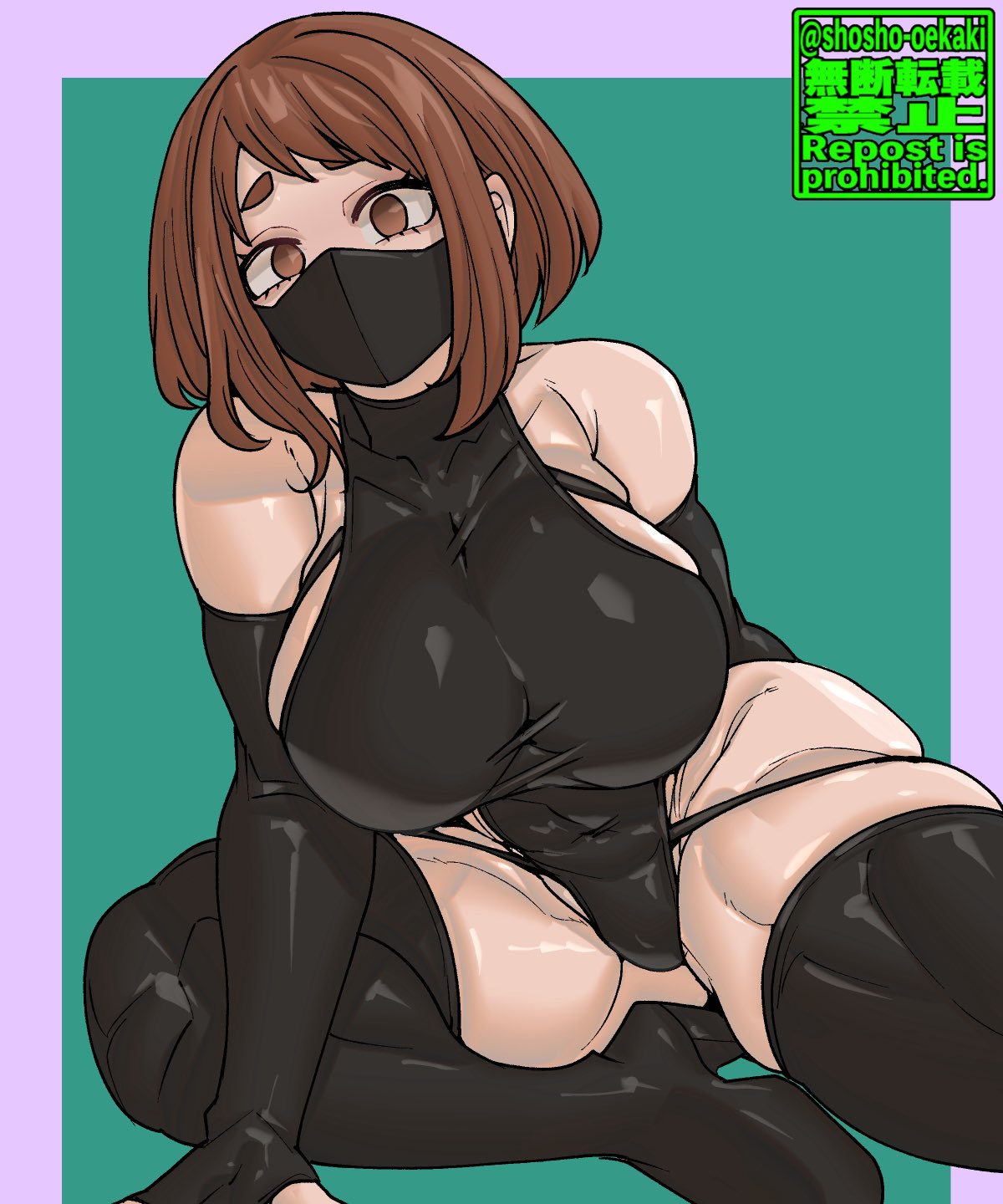 1girls, armwear, ass, big ass, big breasts, big thighs, black bodysuit, blush, bodysuit, breasts, brown eyes, brown hair, brown-haired female, face mask, facemask, female, gigantic ass, gigantic breasts, gigantic thighs, heroine, high heel boots, high heels, huge ass, huge breasts, huge thighs, looking at viewer, mask, masked, masked female, mouth mask, my hero academia, ochako uraraka, short hair, shosho oekaki, tagme, thick thighs, thighs