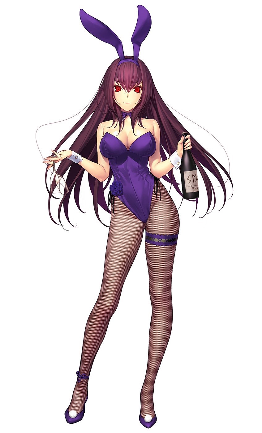 breasts, brown hair, bunny ears, bunny girl, bunnysuit, costume, fate (series), fate/grand order, female, full body, fully clothed, long hair, looking at viewer, red eyes, scathach (fate), scathach (piercing bunny), tagme