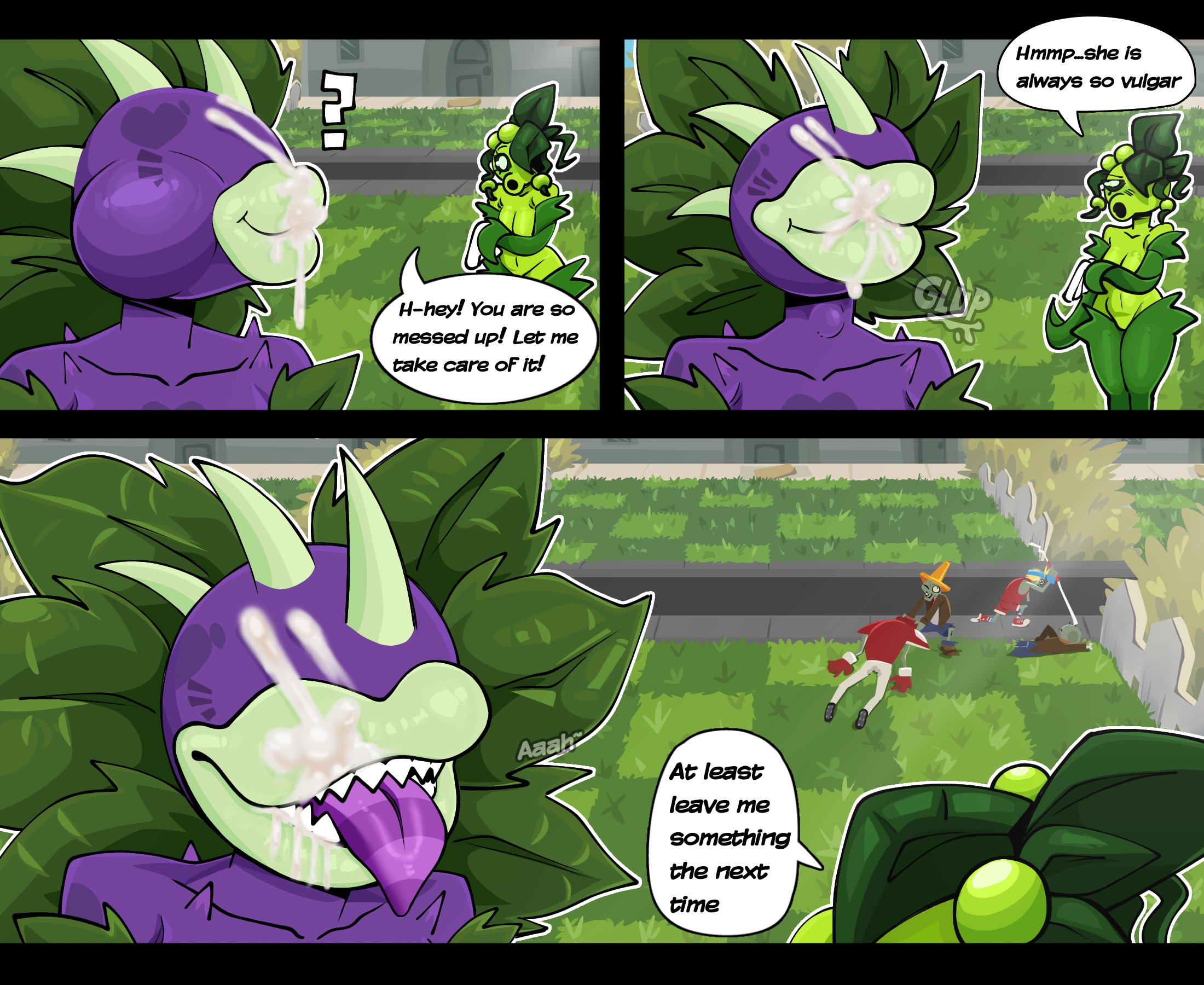1girls, after sex, after vaginal, anthro, anthrofied, ass, breasts, chomper (pvz), comic, cum, female, flora fauna, gallo wazavi, larger female, monster, monster girl, peashooter (pvz), plant, plant girl, plant humanoid, plantie, plants vs zombies, plants vs. zombies, popcap games, pussy, sharp teeth, sunflower (pvz), text, zombie, zombie (pvz)