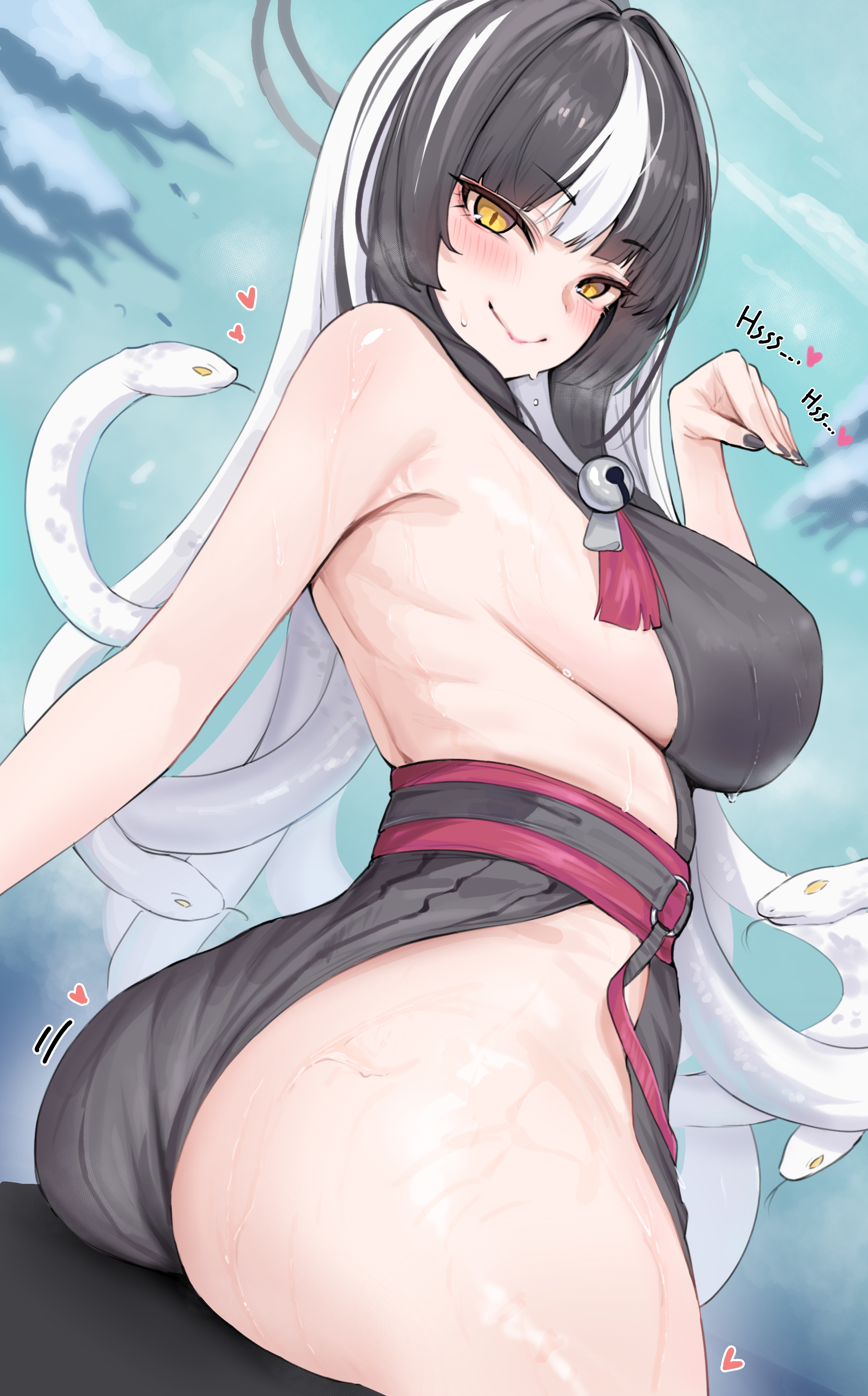 absurdres, ass, azami (blue archive), black hair, blue archive, blush, breasts, closed mouth, commentary, female, fluffyebi01, grey halo, hair intakes, halo, hand up, heart, highres, huge ass, japanese clothes, kimono, large breasts, long hair, looking at viewer, multicolored hair, side slit, sideboob, sleeveless, sleeveless kimono, slit pupils, small pupils, smile, snake, snake hair, sweat, thick thighs, thighs, twisted torso, two-tone hair, wet, white hair, white snake, yellow eyes