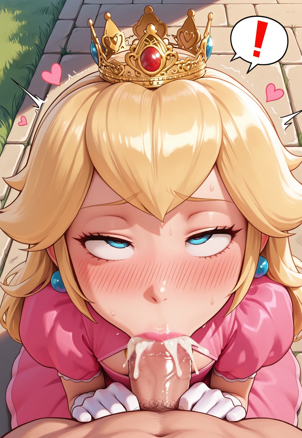 1boy, 1femboy, 2025, 2boys, ai generated, alternate version available, benero, blonde hair, bulge, civitai, crossdressing, cum, cum in mouth, cumshot, cumshot in mouth, deepthroat, dress, erect penis, erection, eyes rolling back, fellatio, femboy, feminine male, genderswap (ftm), girly, looking at viewer, male, mario (series), oral, outdoors, outside, penis, pink dress, prince apricot, princess peach, rolling eyes, rule 63, trap, yaoi