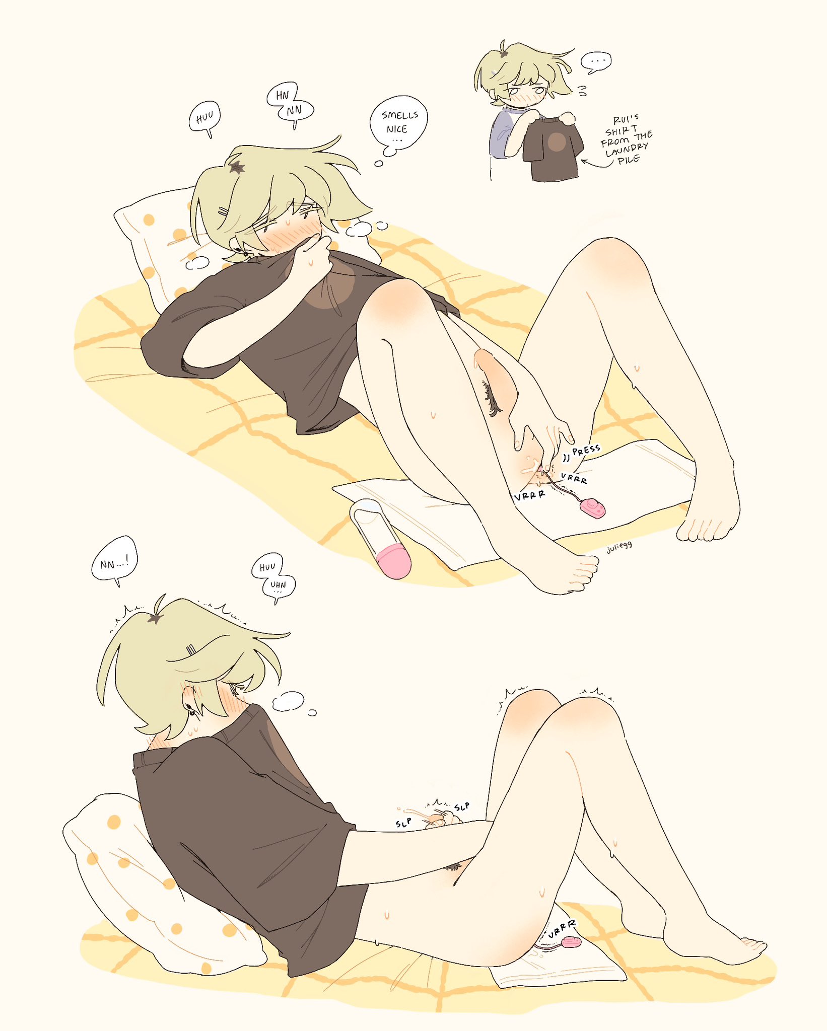 ahoge, anal insertion, anal masturbation, anal orgasm, artist name, artist signature, balls, barely visible balls, bed, bed sheet, blonde hair, blush, body blush, bottomless, brown hair, butt crack, chibi, color, comic, cum, dialogue, dyed hair, ear blush, ear piercing, earrings, ejaculation, english text, erection, eyebrows visible through hair, full-face blush, functionally nude, gay, gay anal, gay male, gay sex, happy trail, homosexual, homosexual male, homosexual sex, juliegg, kouta (juliegg), looking pleasured, lube, lube in ass, lying, lying on back, lying on bed, male, male only, male penetrated, male pubic hair, male/male, masturbation, moaning, motion lines, orgasm, original, penis, penis grab, precum, precum drip, precum on penis, pubic hair, pubic hair peek, romantic, side view, smell, sniffing clothes, sound effects, speech bubble, spread legs, sweatdrop, tan background, thinking of someone else, thought bubble, trembling, vibrator, vibrator in ass, visible breath, watermark, wearing others clothes, yaoi