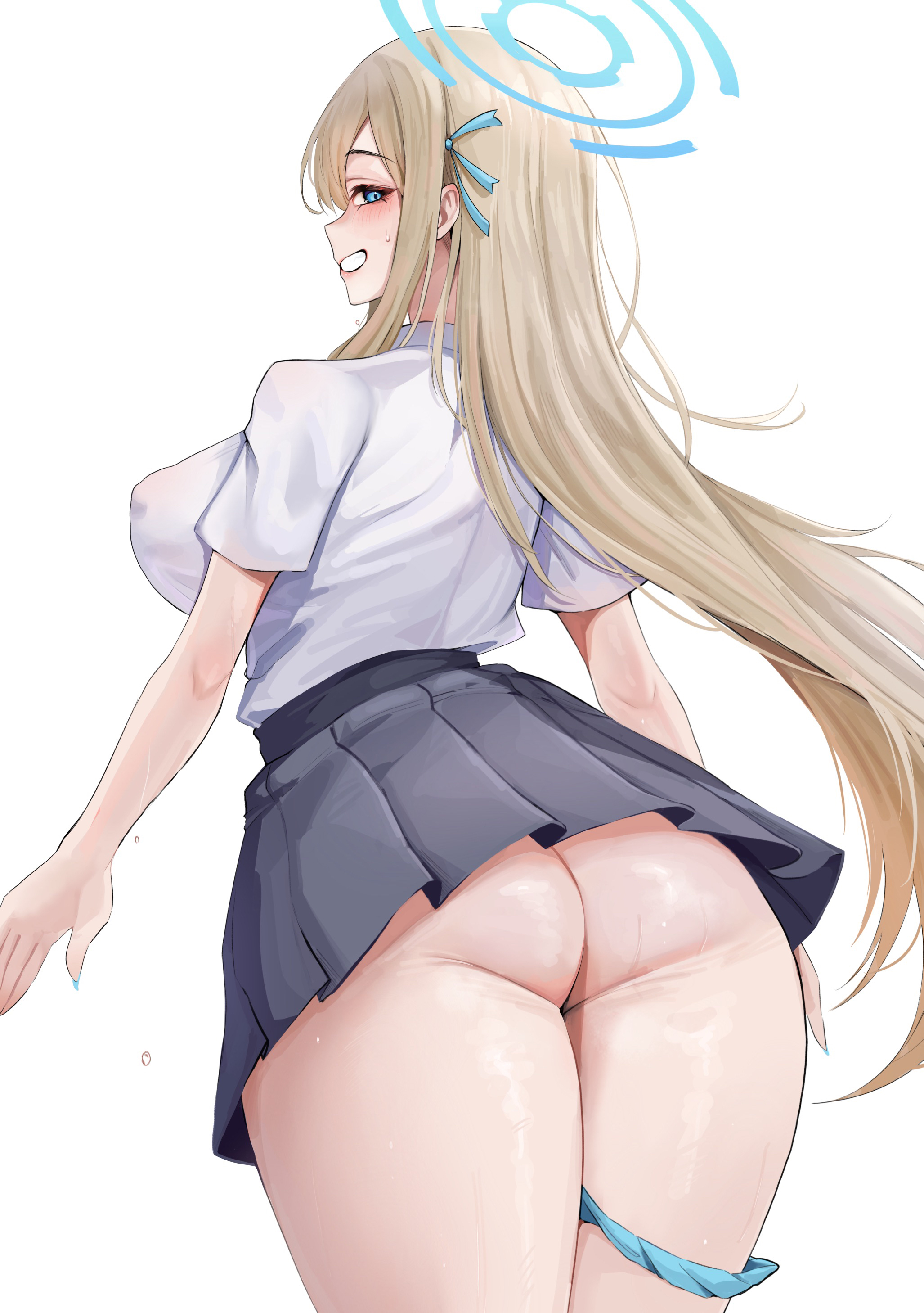 1girls, absurdres, ass, asuna (blue archive), asuna (school uniform) (blue archive), black gloves, blonde hair, blue archive, blue eyes, blue halo, blue panties, commentary, covered erect nipples, cowboy shot, female, fluffyebi01, from behind, gloves, halo, highres, long hair, miniskirt, no bra, no bra under clothes, open mouth, panties, panties around leg, pleated skirt, profile, school uniform, shirt, simple background, skirt, smile, solo, symbol-only commentary, teeth, thighs, underwear, white background, white shirt