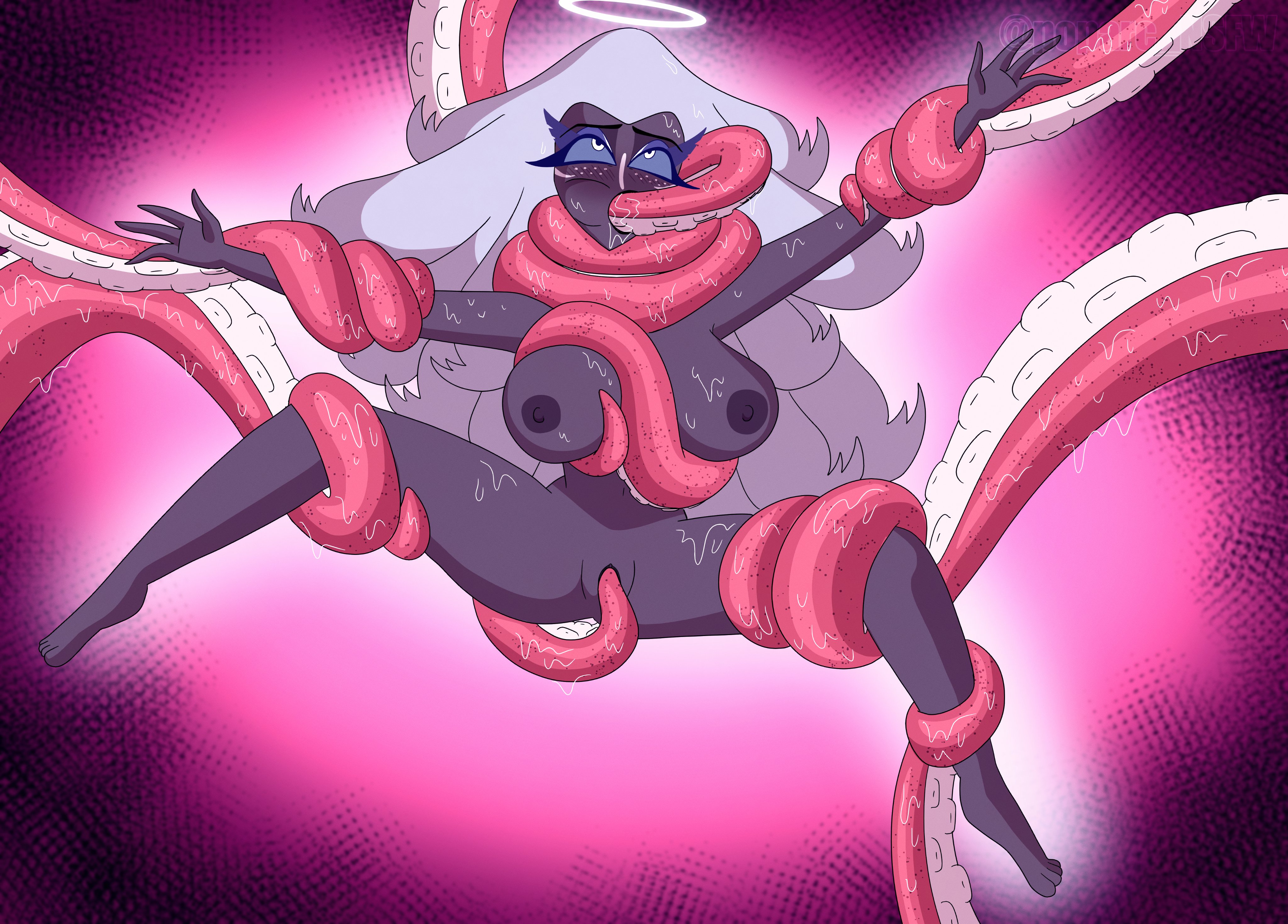 angel, blush, breasts, female, halo, hazbin hotel, large breasts, long hair, poparc nsfw, pussy, sera (hazbin hotel), tentacle, tentacle in mouth, tentacle in pussy, tentacle rape, vivienne medrano, vivziepop