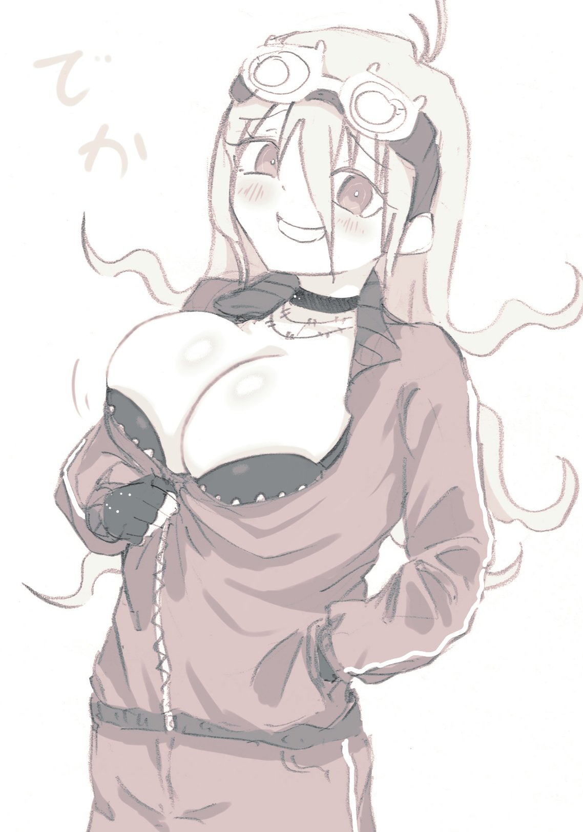 1girls, big breasts, breasts, dadadaeki00, danganronpa, female, female only, grin, iruma miu, long hair, monochrome, sketch, solo, teasing