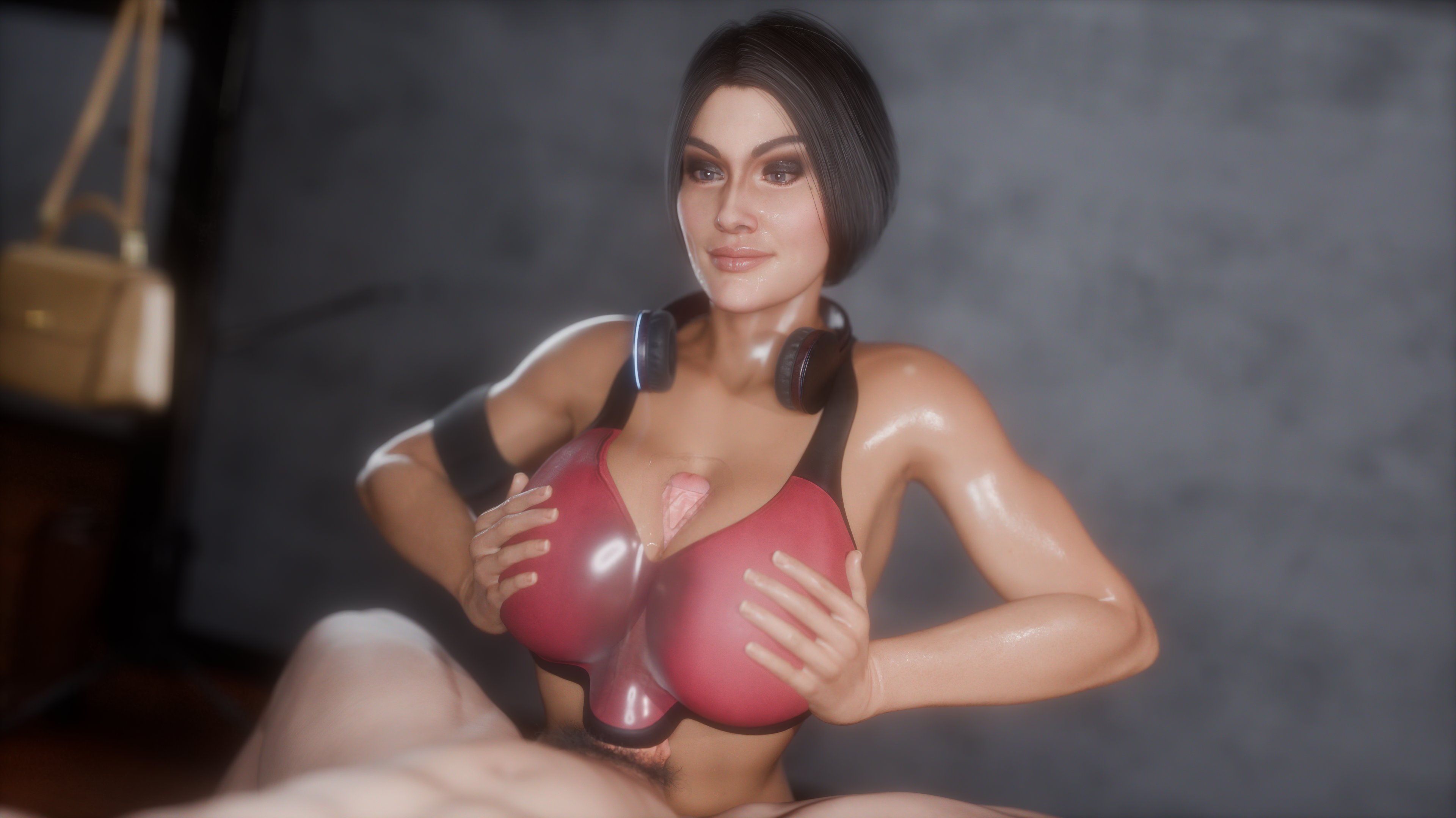 1boy, 1girls, 2025, 3d, armpits, big breasts, black hair, blue eyes, breasts, covered breasts, duo, female, hairless armpits, headphones, headphones around neck, indoors, injustice 2, lipstick, long hair, looking at partner, male, muscular, muscular arms, muscular female, paizuri, penis, penis between breasts, smile, sports bra, stained shirt, straight, sweat, sweatband, sweaty body, tied hair, titjob, veiny penis, vekkte, wip, wonder woman, wonder woman (injustice), wonder woman (series), work in progress, workout clothes