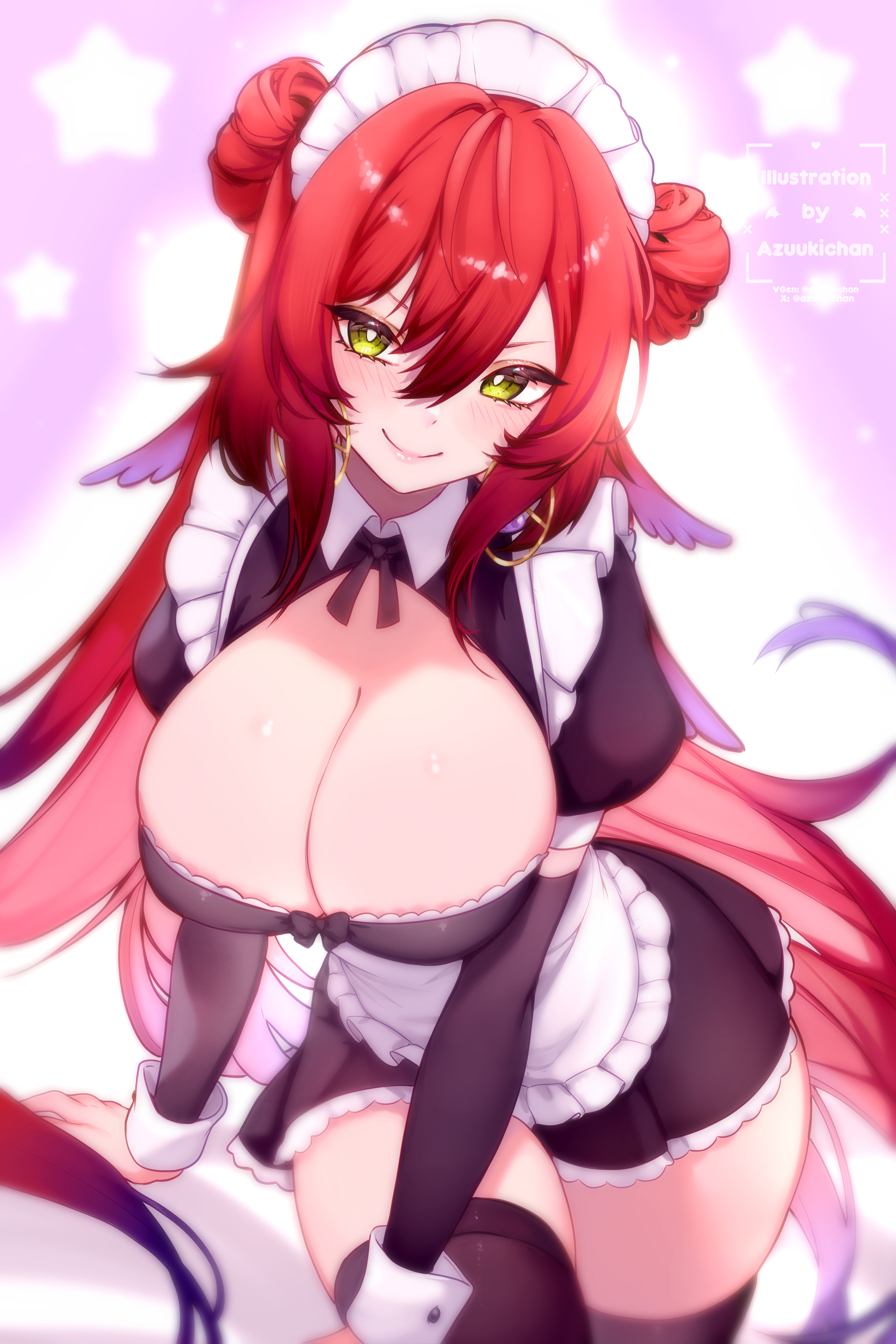 1girls, azuukichan, big breasts, breasts, cleavage, cute, female, female only, green eyes, highres, hourglass figure, human, large breasts, light skin, light-skinned female, long hair, maid, maid headdress, maid uniform, red hair, slim waist, solo, very long hair, virtual youtuber, wide hips, yumprincess
