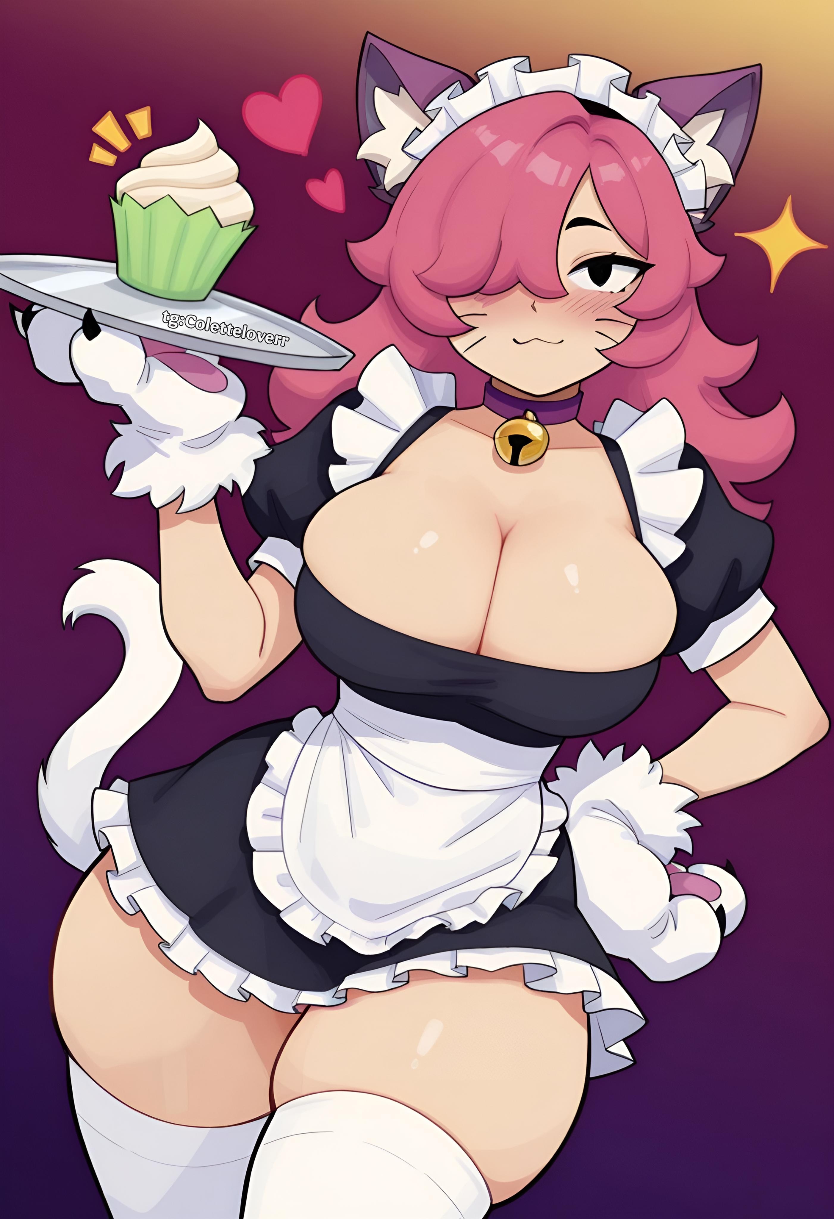 ai generated, big breasts, big thighs, brawl stars, breasts, colette (brawl stars), colettelover, cupcake, female, housemaid, pinku pawlette