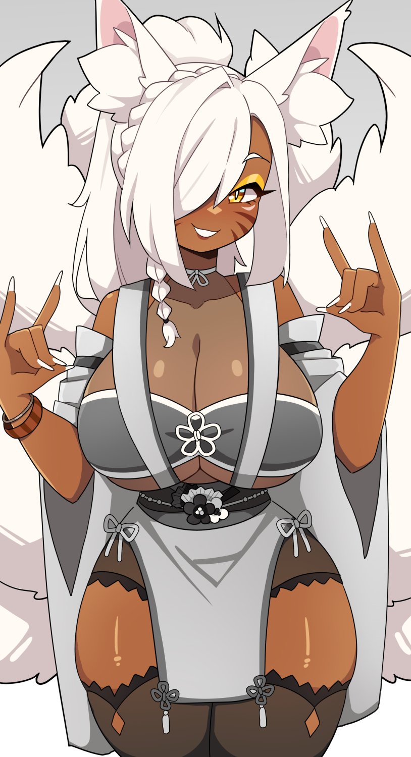 1girls, big breasts, braided hair, breasts, commission, dark skin, dark-skinned female, ear tuft, eyeshadow, female, female only, fox ears, fox girl, fox tail, furry tail, gold eyeshadow, grey background, grin, grinning at viewer, hair over one eye, hi res, j5daigada, japanese clothes, kitsune, legwear, long hair, multi tail, pose, slit pupils, solo, thick thighs, whisker markings, white hair, wide hips, yellow eyes