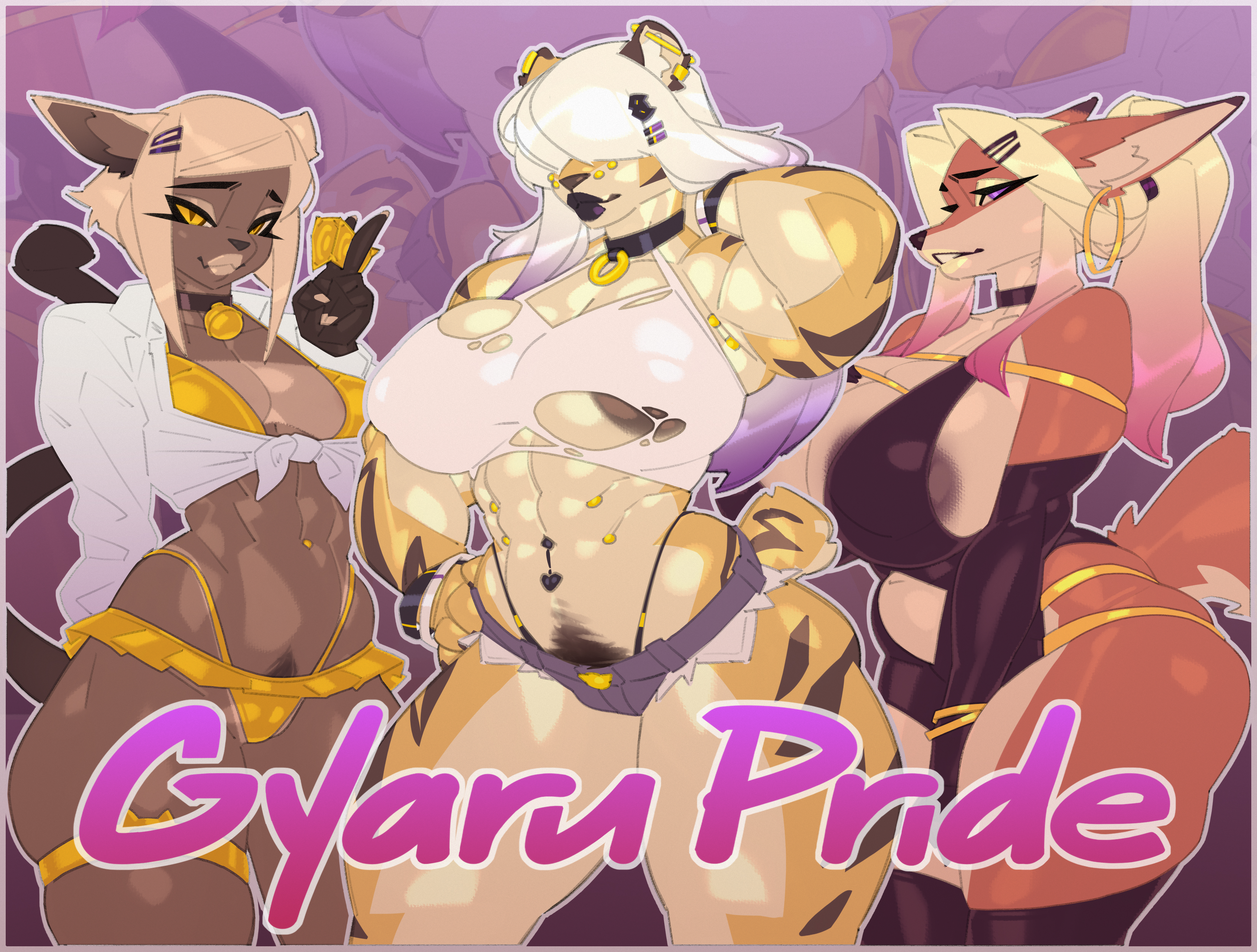 2girls, 3girls, abs, adjusting hair, adorable, anthro, bangs, blonde hair, breasts, cat tail, catgirl, choker, condom, cover page, dark areola, dyed hair, female, fox girl, fox tail, gloves, gyaru, hair covering eye, hairclip, hoop earrings, large breasts, long hair, milf, muscular, muscular female, original character, original characters, orresu, pierced belly button, pierced ear, pierced nipples, piercing, pubic hair, purple eyes, short hair, short tail, simple background, tanline, thick thighs, thigh strap, thighhighs, thong bikini, thong panties, tiger girl, yellow eyes