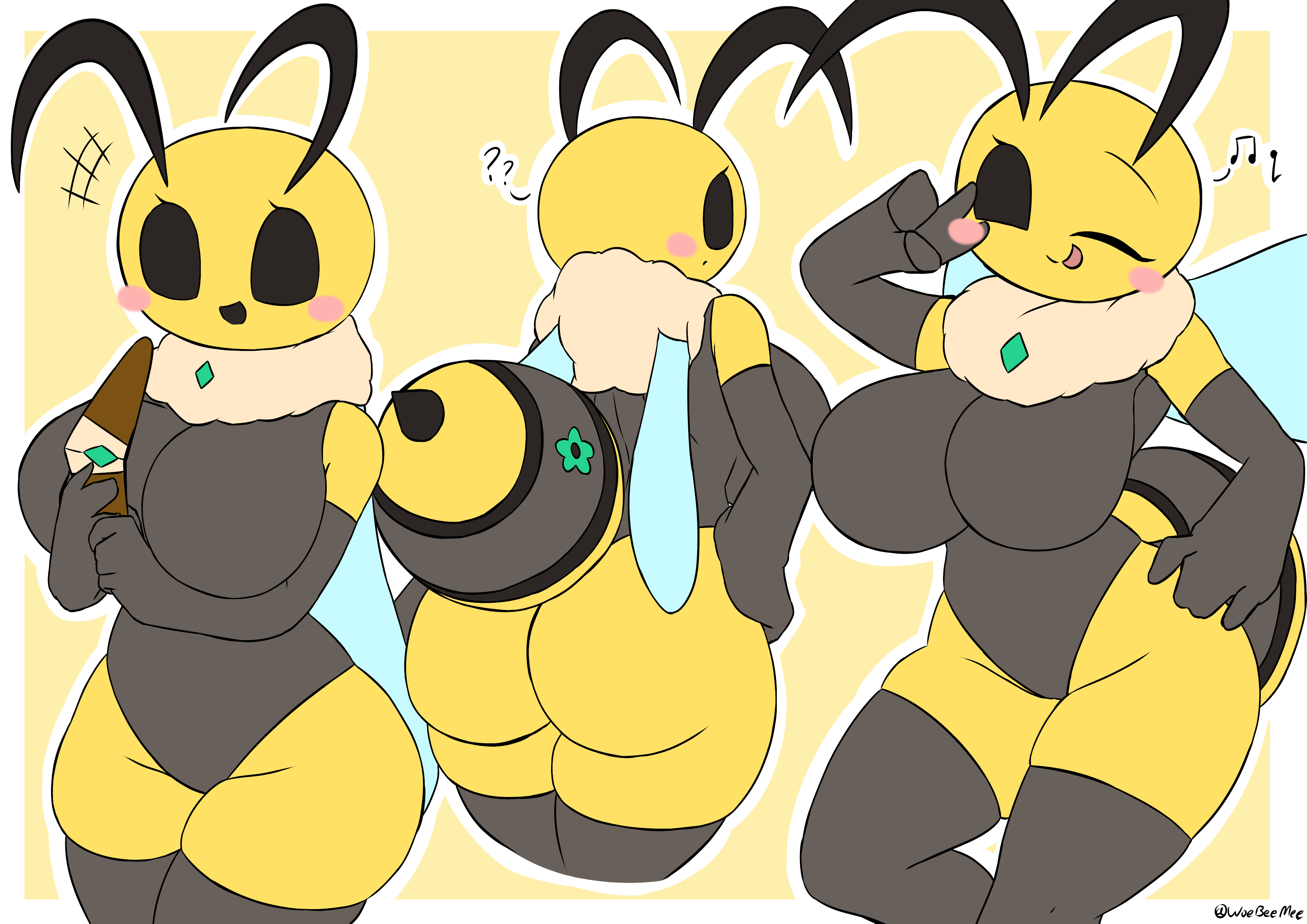 absurd res, antennae (anatomy), anthro, armwear, arthropod, arthropod abdomen, ass, bee, big breasts, big butt, biped, blush, boomerang, breasts, bug fables, clothed, clothing, diana (woebeeme), elbow gloves, fan character, female, front view, gloves, grey clothing, hand on hip, handwear, heart symbol, hi res, holding object, hymenopteran, insect wings, insects, legwear, leotard, looking at viewer, moonsprout games, musical note, musical symbol, neck tuft, one eye closed, outline, question mark, rear view, signature, simple background, solo, symbol, text, thigh highs, tuft, white outline, wings, wink, woebeeme, yellow background, yellow body