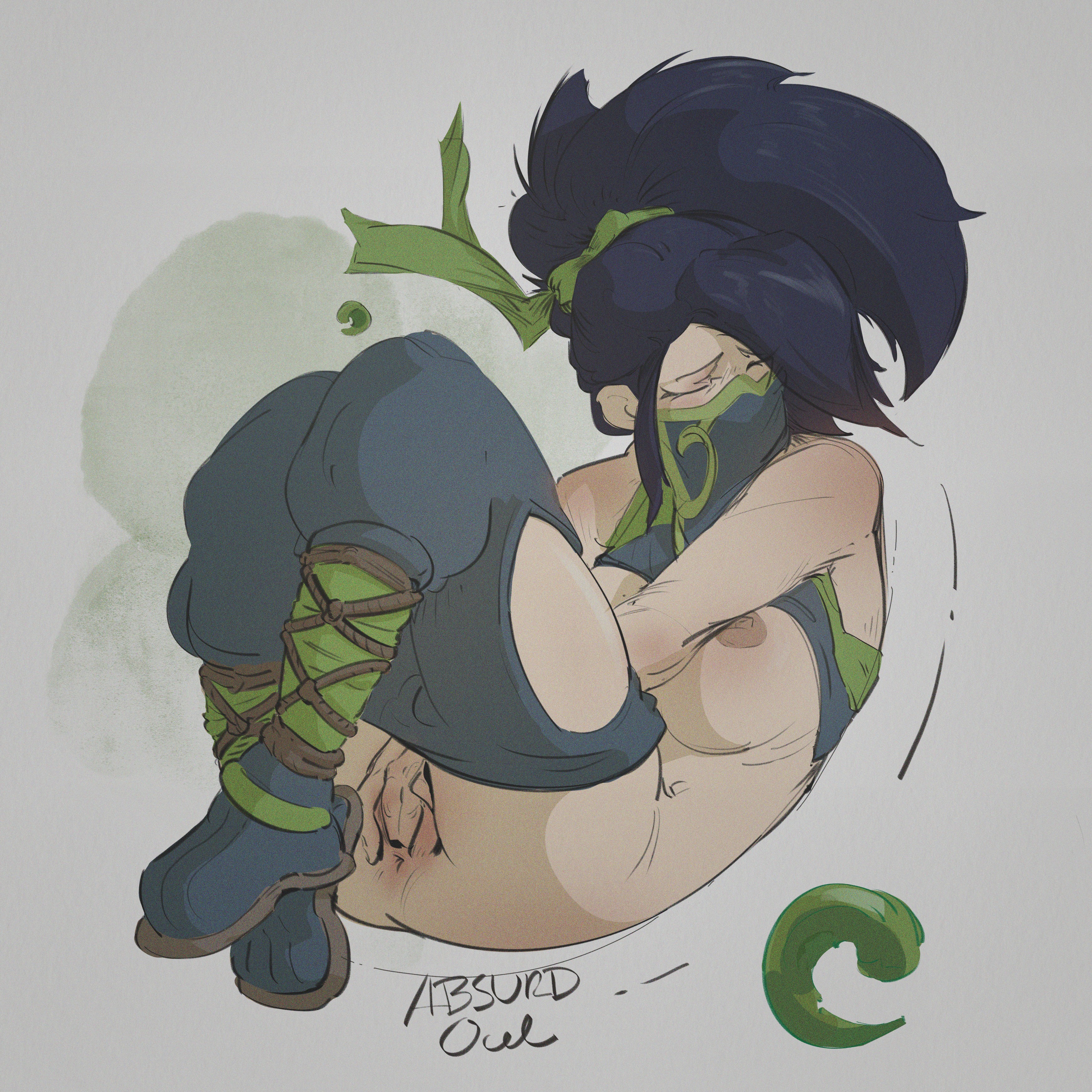 1girls, 2 finger fingering, 2d, 2d (artwork), absurd owl, akali, anus, areolae, artist name, black hair, black hair female, black-haired female, blank background, breasts, child bearing hips, crop top, crop top lift, curvaceous, curvaceous body, curvaceous female, curvaceous figure, curvaceous hips, curvaceous thighs, female, female masturbation, fingering, fingering self, league of legends, masked female, masturbating, masturbation, nipples, pants, pants down, ponytail, pussy, slight blush, solo, solo female, tabi, two fingers in pussy, vagina, waifu