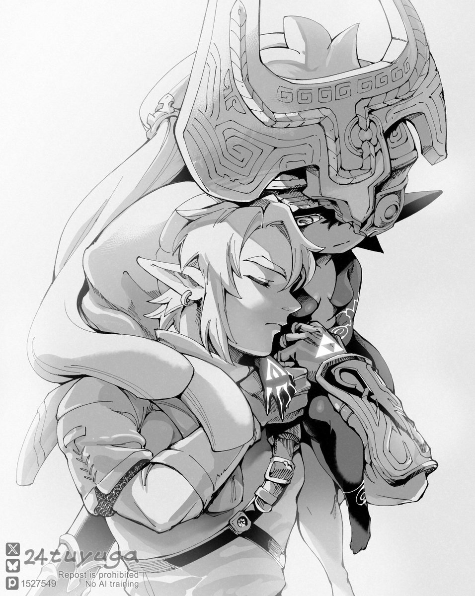 1boy, 1girls, 24tuyuga, 24tuyuga (artist), breasts, chainmail, closed eyes, couple, curvy, earrings, elf ears, embrace, female, helmet, holding hands, hugging, imp midna, link, link (twilight princess), love, lovely, lovers, male, midna, nintendo, no nipples, no sex, pear-shaped figure, pointy ears, ponytail, romantic, sfw, sitting on shoulders, size difference, small breasts, smaller female, the legend of zelda, triforce, triforce mark, tunic, twilight princess, wholesome, wide hips