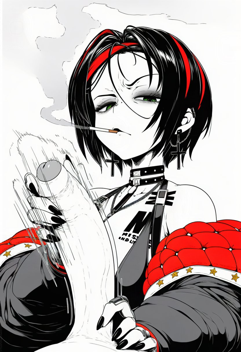 1boy, ai assisted, ai generated, black hair, cigarette, crow (nikke), disgusted, disinterested, female, foreskin, goddess of victory: nikke, green eyes, handjob, jacket, kokenaart, large penis, male, monochrome, multicolored hair, painted nails, penis, red hair, smoking, straight, uncircumcised