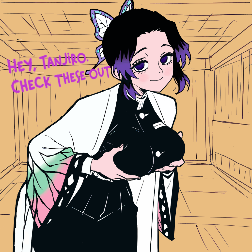 big breasts, blush, breasts, curvy, demon slayer, female, kamado tanjirou, kellylos2, kimetsu no yaiba, kochou shinobu, older female