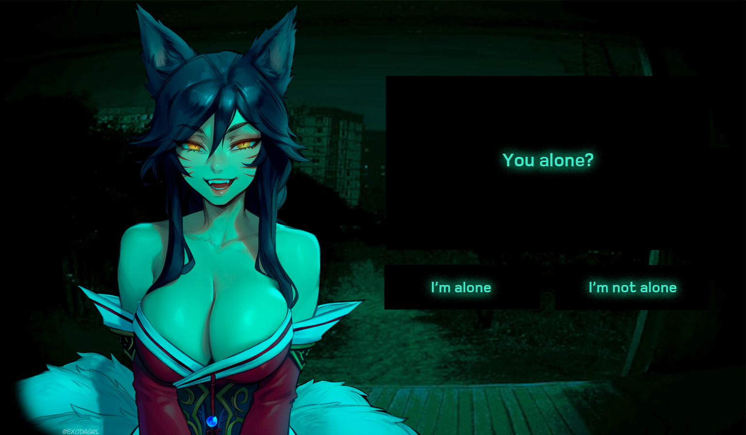 1girls, 2025, 9 tails, ahri, ai assisted, ai generated, big breasts, big chest, breasts, busty, clothed, curvy, curvy body, curvy female, curvy figure, curvy hips, exodia girl, fangs, female, fox ears, fox girl, fox tail, fully clothed, girly, high quality, horror, horror game, large breasts, league of legends, long hair, looking at viewer, no, i'm not a human, no, i'm not a human (meme), peephole, riot games, smile, smirk, voluptuous, voluptuous female, waifu