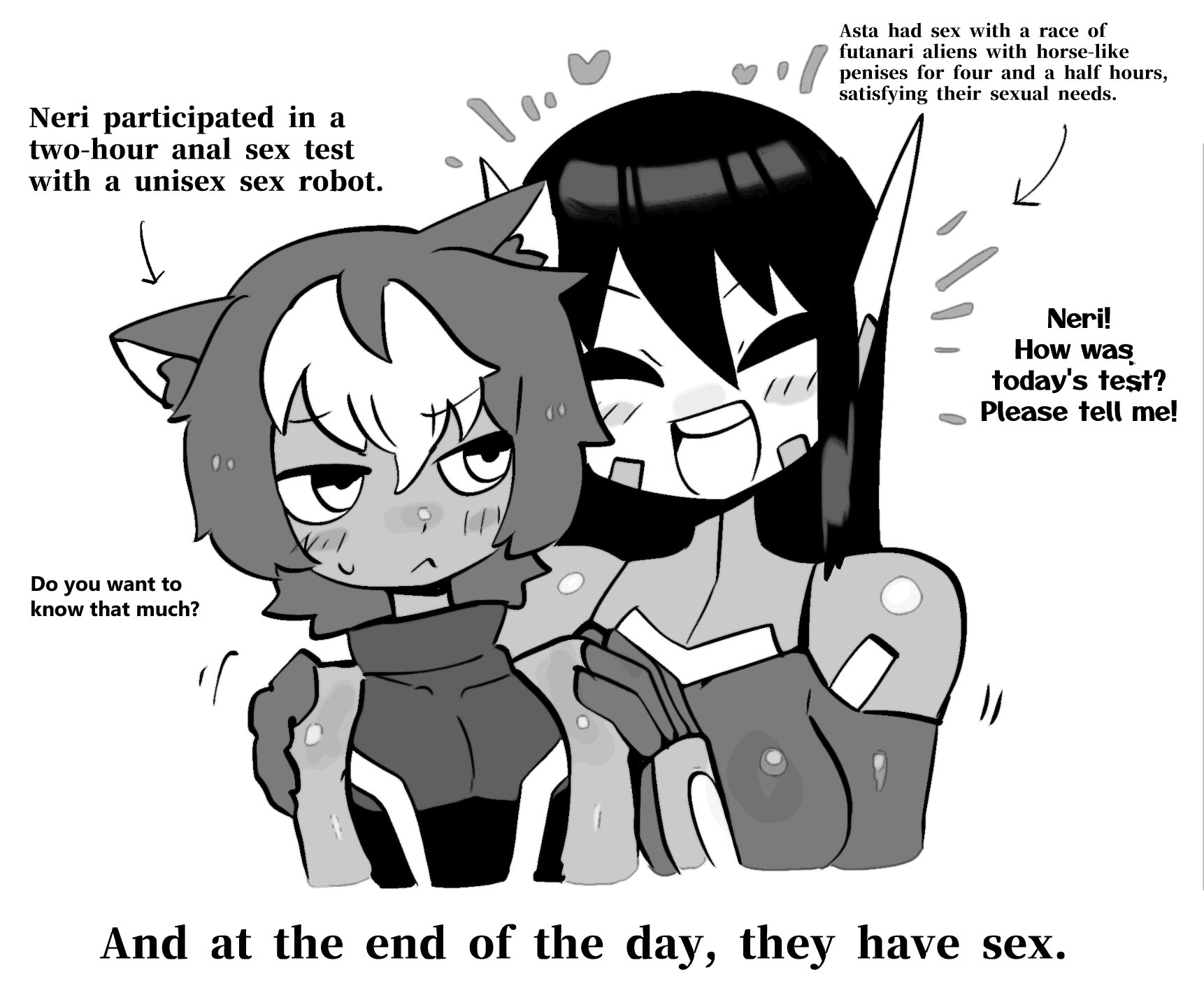 1boy, 1girls, alien, alien boy, asta (crap man), asta rindo, black hair, blush, cat ears, catboy, closed eyes, crap-man, dialogue, english text, female, greyscale, hi res, hiryouman, human, long hair, male, neri (crap man), open mouth, smiling, text, white background