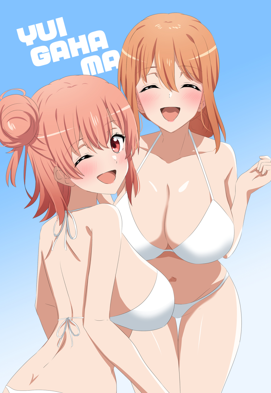 2girls, alluring, back, big breasts, bikini, blush, breasts, closed eyes, closed eyes smile, dars (recolors), dimples of venus, female, hair between eyes, hair bun, high res, long hair, looking at viewer, mature female, milf, mother and daughter, multiple females, multiple girls, my teen romantic comedy snafu, navel, one eye closed, open mouth, orange eyes, orange hair, pink hair, sideboob, single hair bun, smile, stomach, swimsuit, thighs, white bikini, yahari ore no seishun lovecome wa machigatteiru., yuigahama yui, yuigahama yui's mother