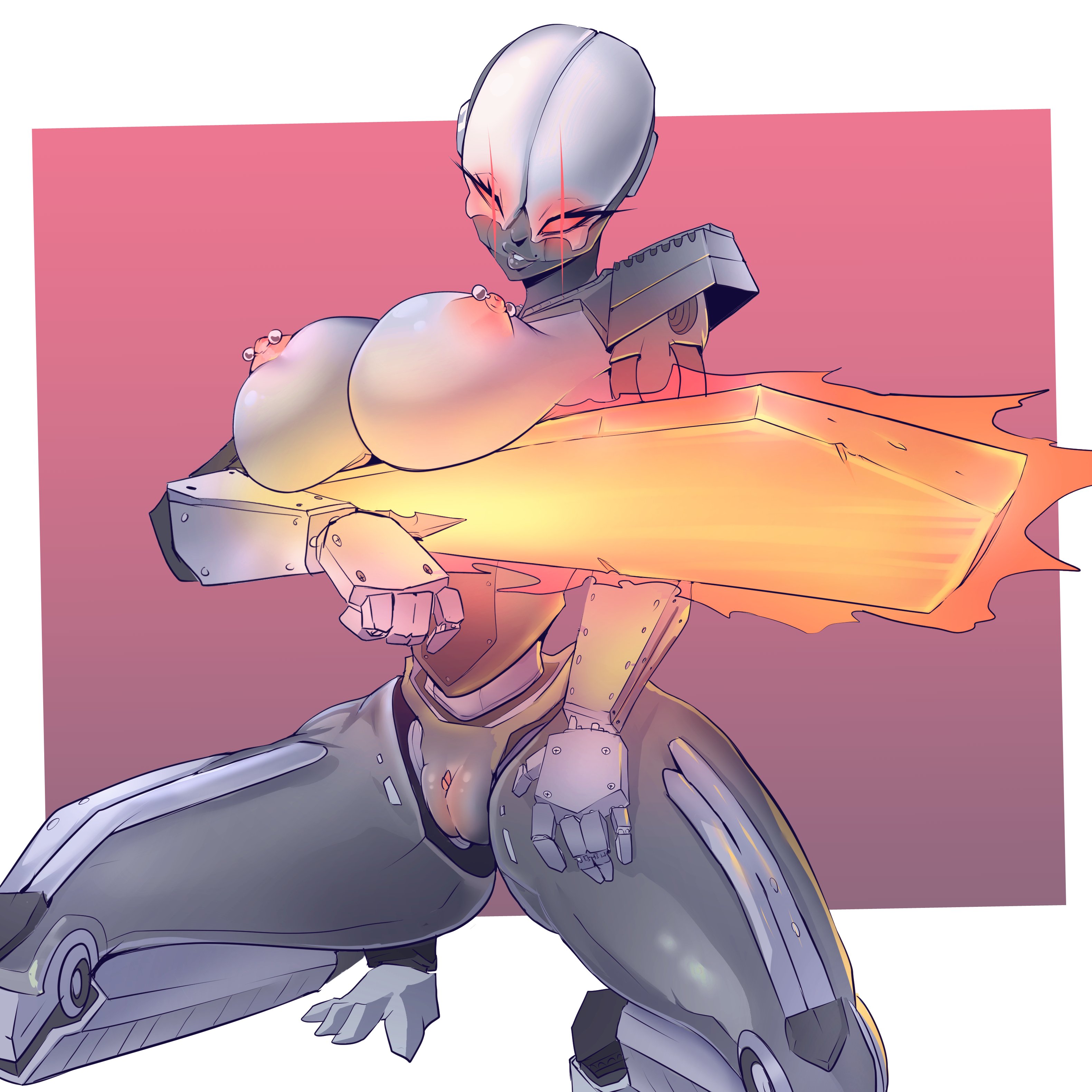 1girls, 2024, areolae, automaton (helldivers), big breasts, blade, breasts, female, female only, glowing eyes, helldivers, helldivers 2, hi res, lethalbliss, looking at viewer, machine, machine girl, nipple piercing, nipples, pussy, red eyes, robot, robot girl, smiling, smiling at viewer, solo, squatting, thick thighs, very high resolution