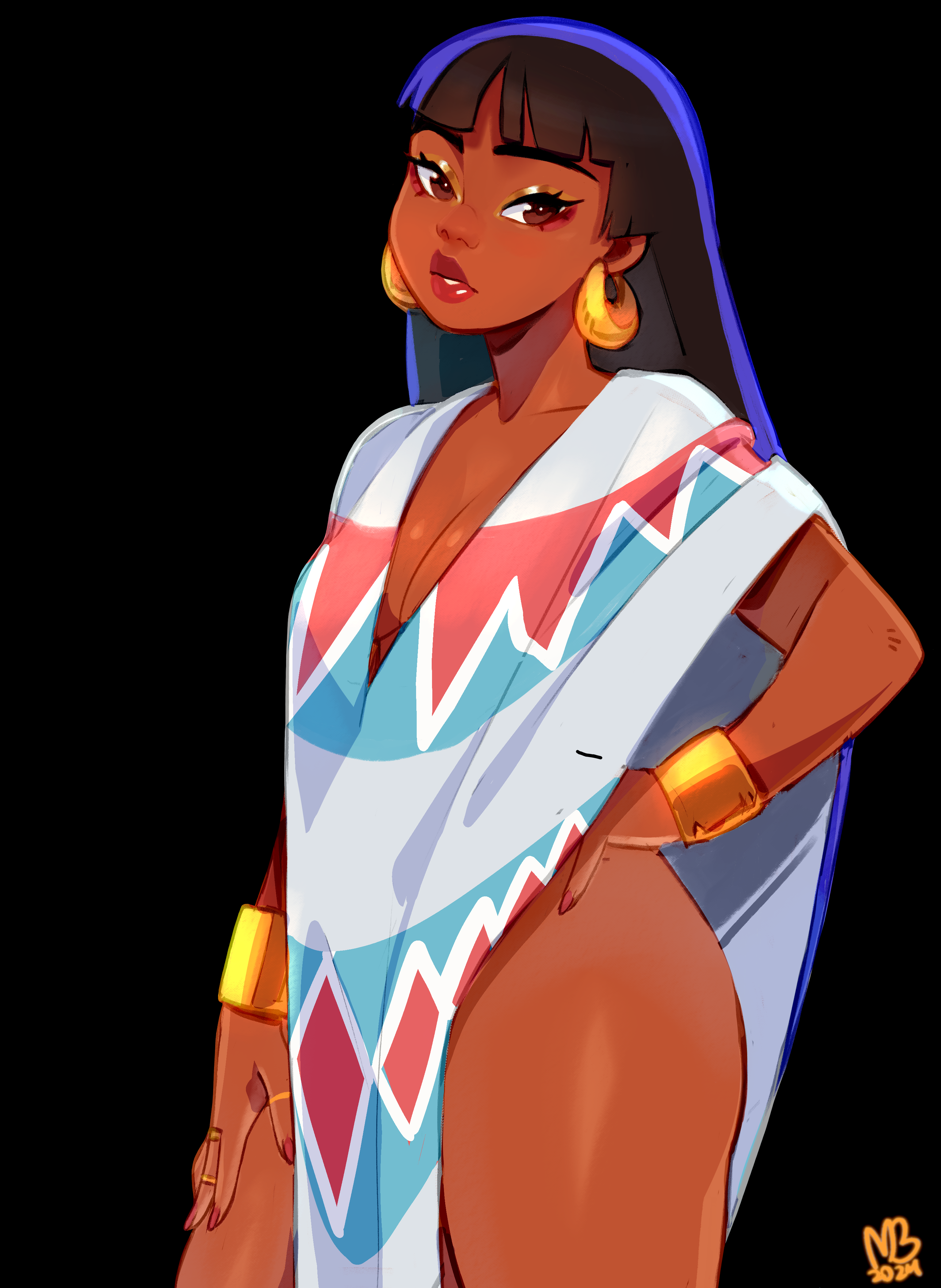 1girls, ashleyblaze (editor), bangle, big ass, black background, bottomless, brown eyes, brown skin, chel, chel (beta), choker, cleavage, clothed, dark hair, earrings, edit, eyeshadow, eymbee, female, fit, gold, gold eyeshadow, gold jewelry, half naked, highres, jewelry, long hair, painted nails, piercings, poncho, red nails, ring, solo, the road to el dorado, thick thighs, third-party edit, wide hips