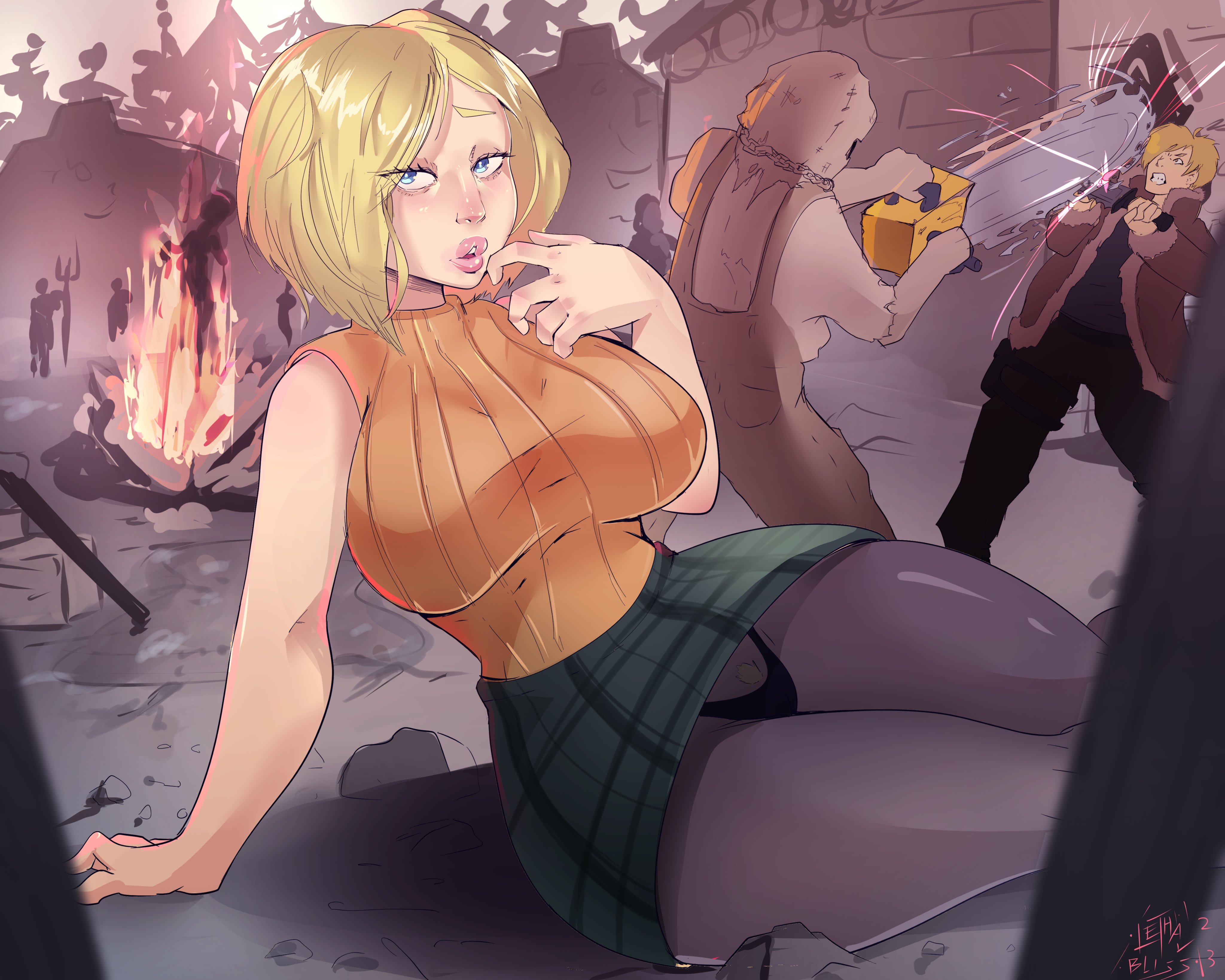 1girls, 2023, absurd res, ashley graham, ashley graham (ella freya), big breasts, blonde hair, blue eyes, breasts, capcom, dr. salvador, female, ganado, leaning on hand, leon scott kennedy, lethalbliss, looking at viewer, narrowed eyes, panties, panties under pantyhose, pantyhose, pink lips, resident evil, resident evil 4, resident evil 4 remake, sitting, skirt, sleeveless sweater, thick thighs